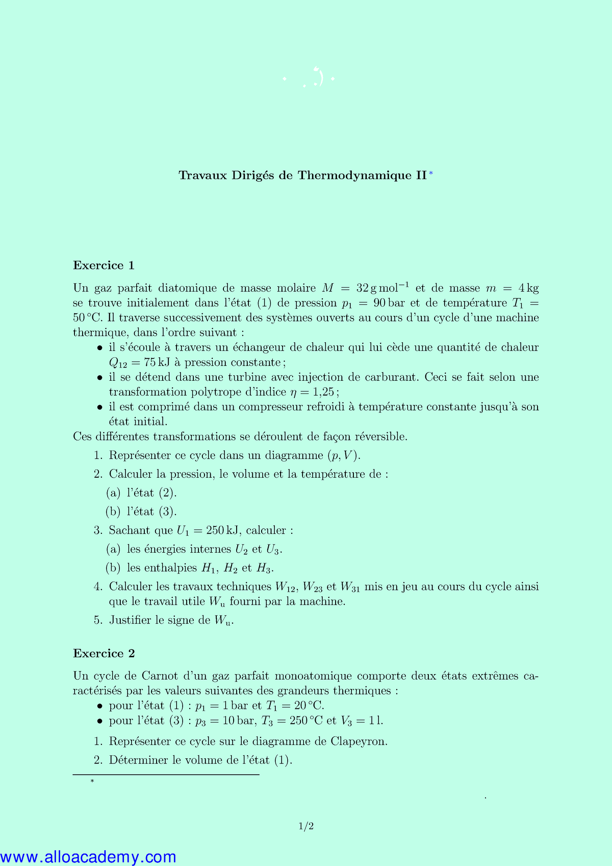 Thermodynamique II TD 02(www - Travaux Dirig ́es De Thermodynamique II ...