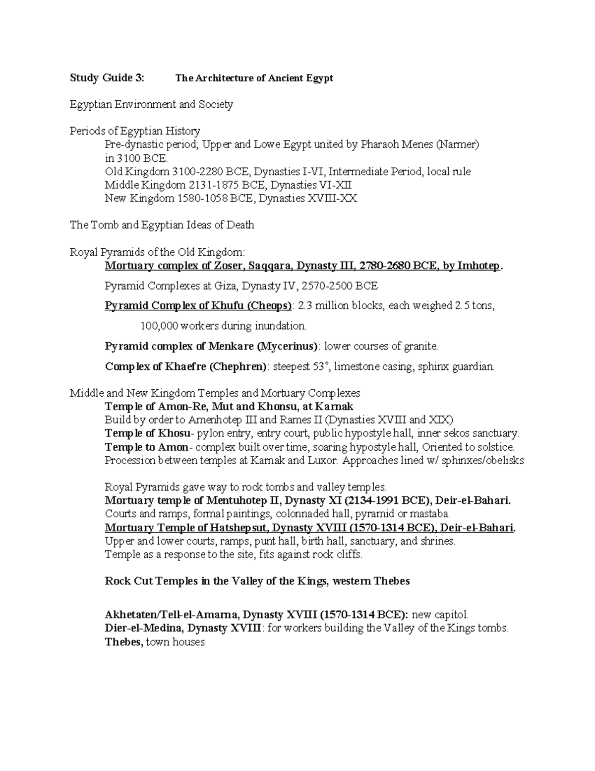 Study Guide 3 2 - Study Guide 3 : The Architecture of Ancient Egypt ...