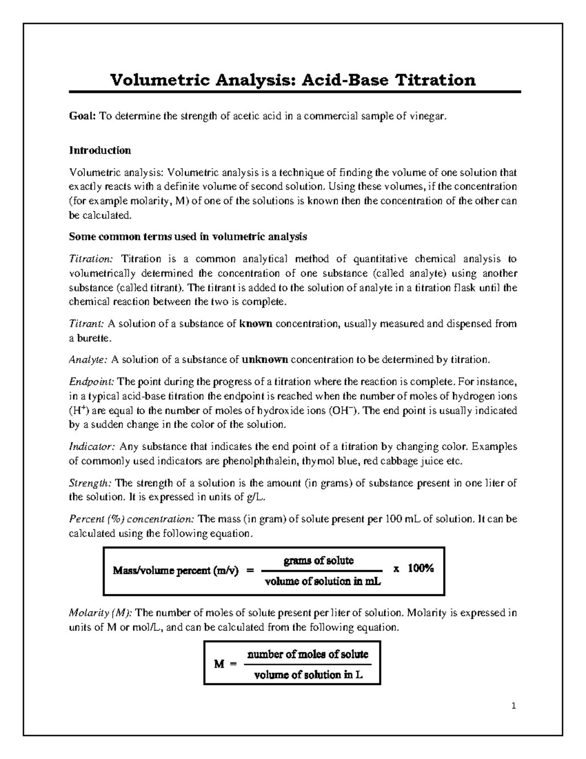 Expt 8AcidBase titration Volumetric Analysis AcidBase Titration