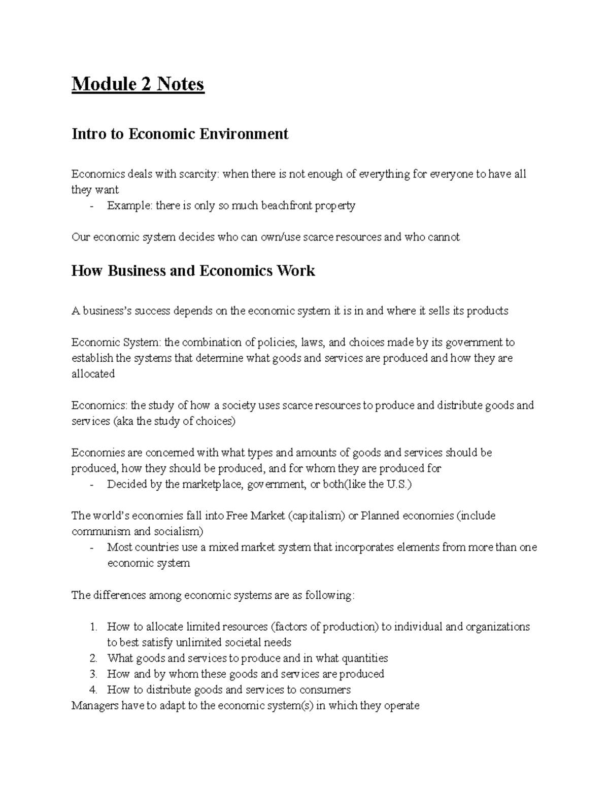 Intro to Business Module 2 page 1 Module 2 Notes Intro to Economic