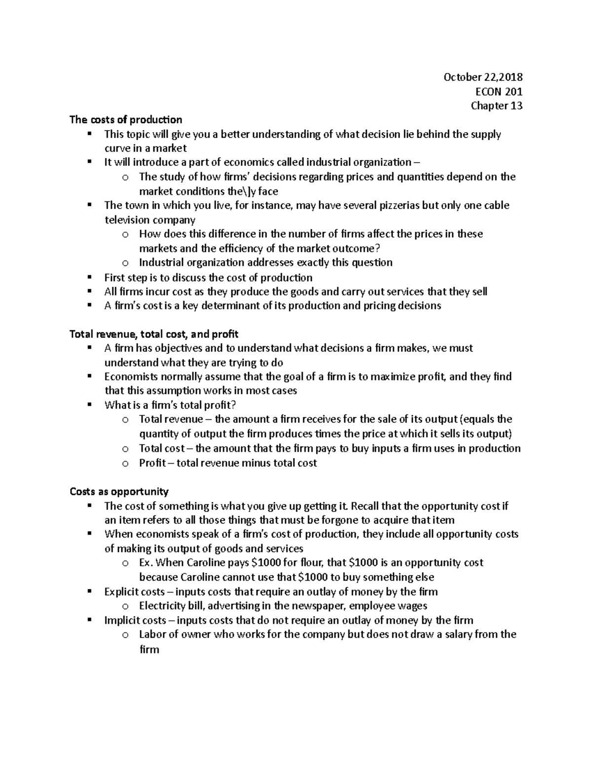 Chapter 13 - ch 13 - October 22, ECON 201 Chapter 13 The costs of ...