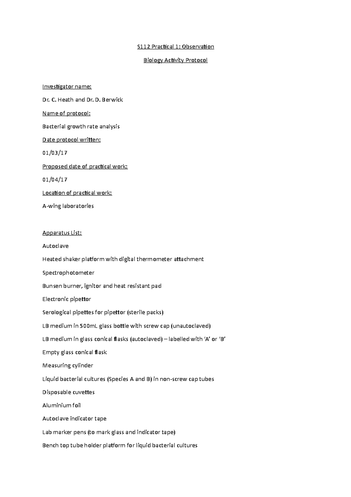 Biology protocol - S112 Practical 1: Observation Biology Activity ...