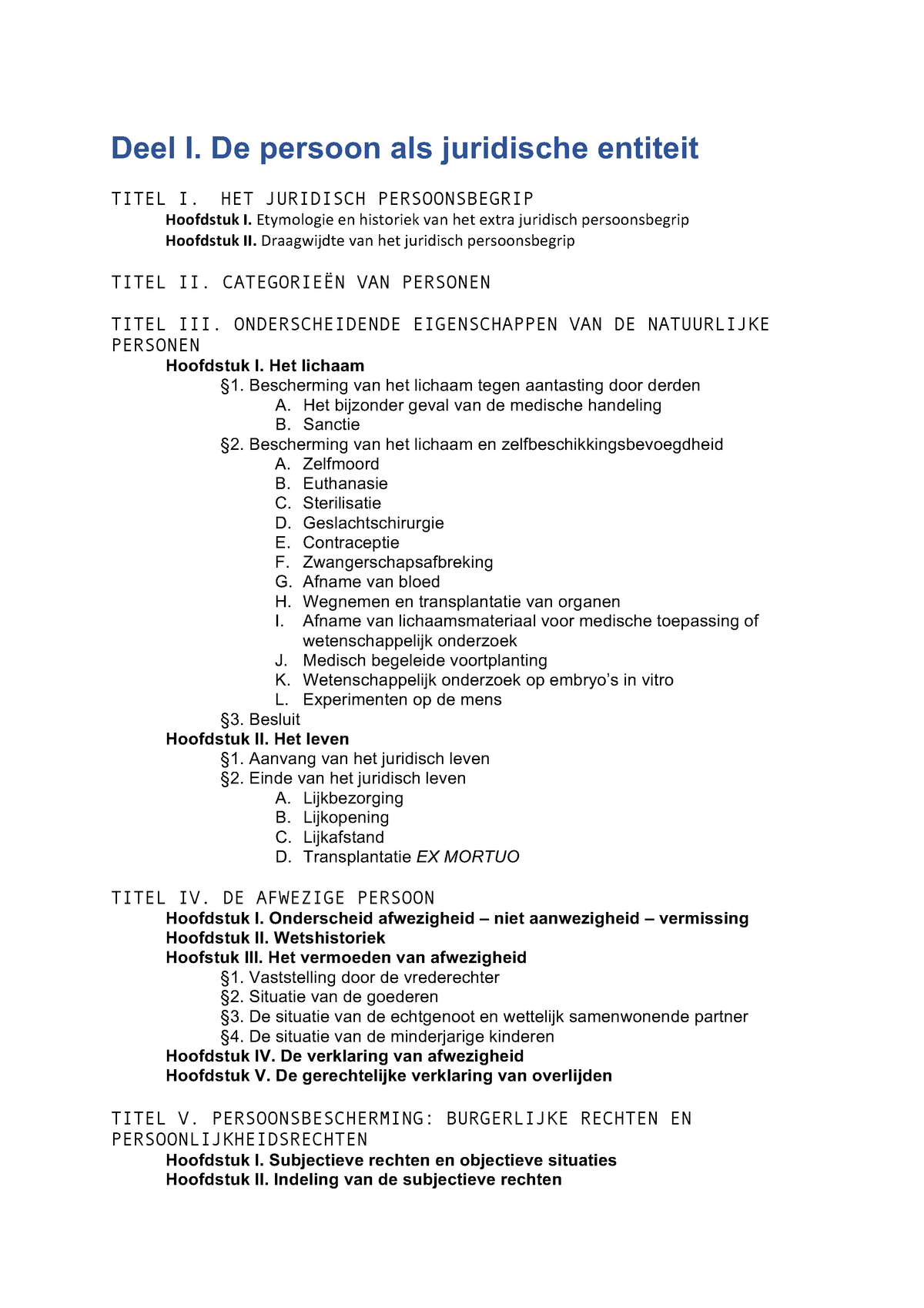 Inhoudstafel Personenrecht Deel I De Persoon Als Juridische Entiteit Titel I Het Juridisch