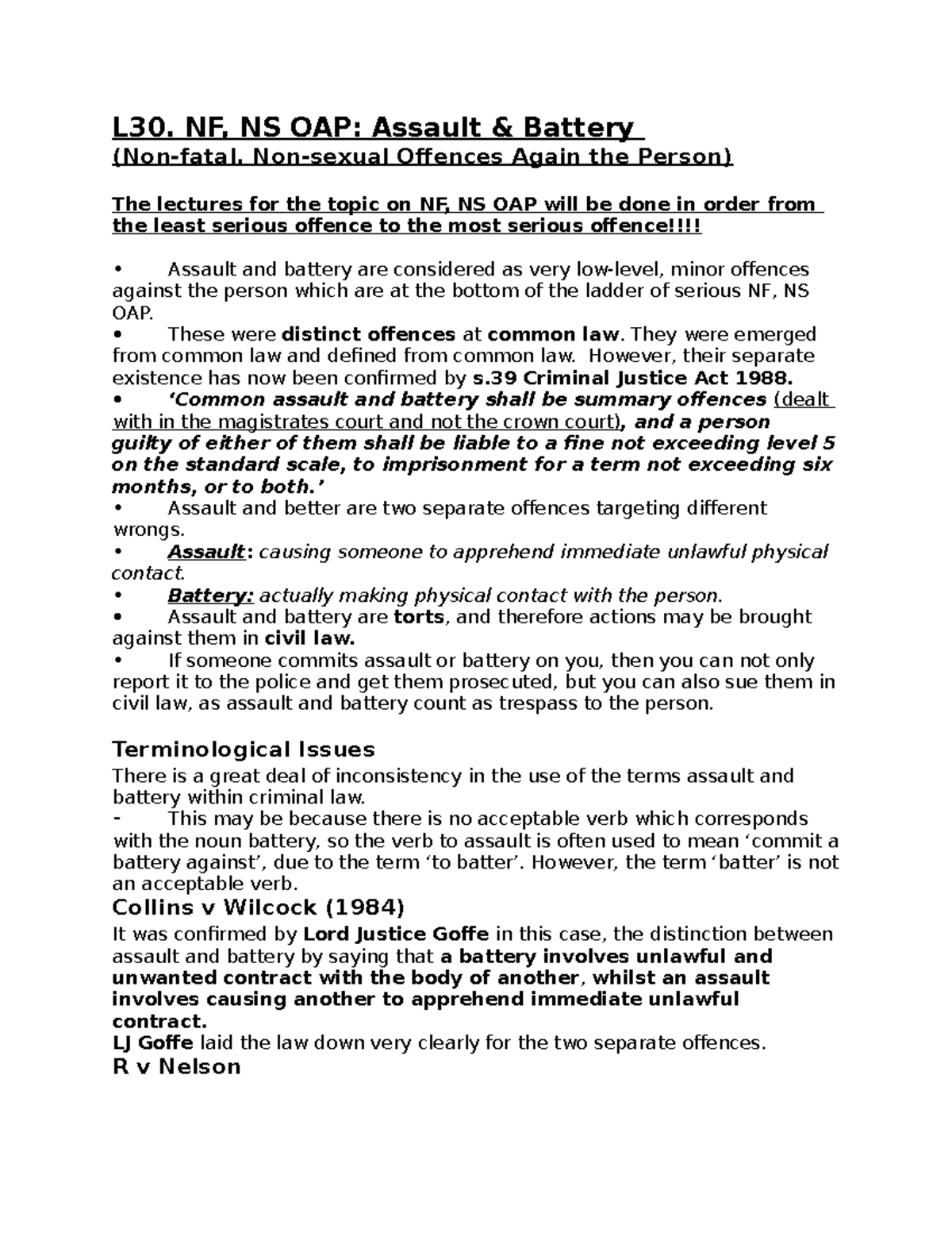 L30 NF NS OAP Assault Battery Non fatal Non sexual Offences