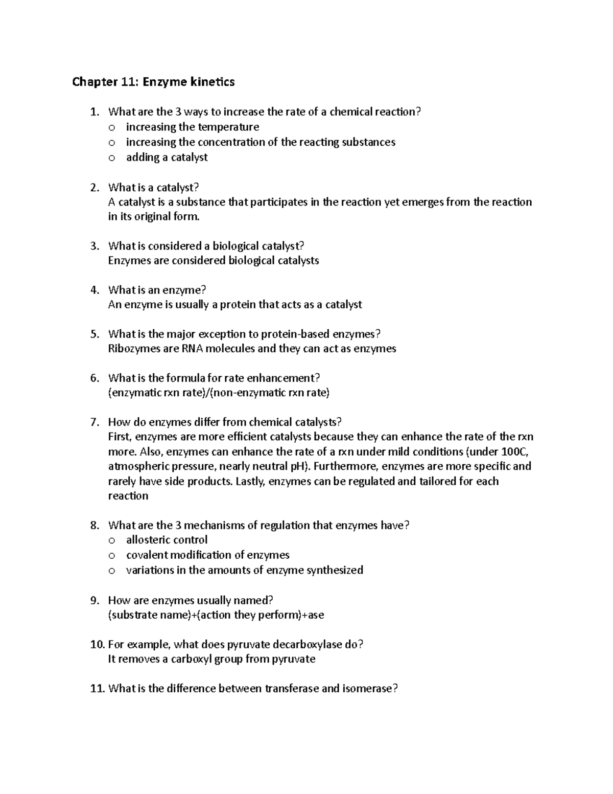 Practice Questions (Biochem Ch. 11) Chapter 11 Enzyme What