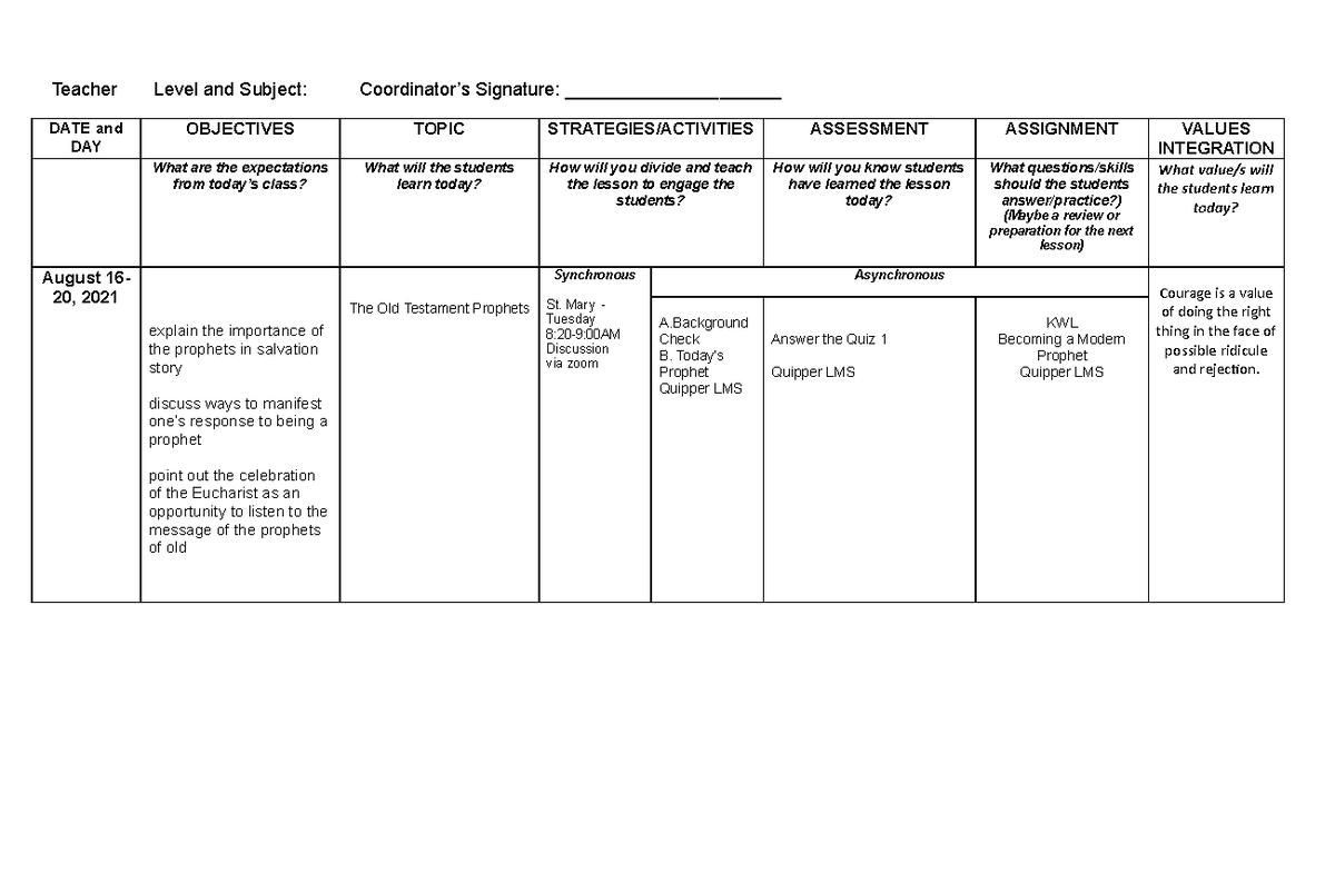 Lesson plan - Bsm - Teacher Level and Subject: Coordinator’s Signature