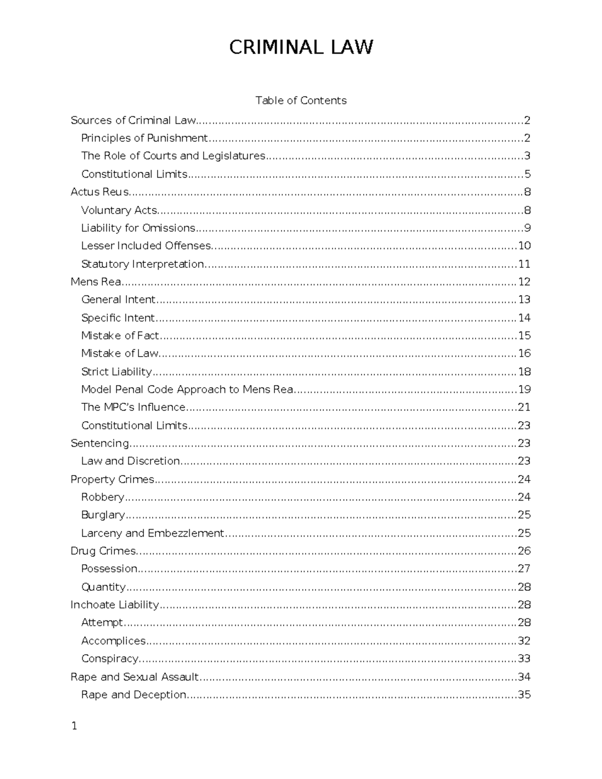 CRIM outline - Table of Contents Sources of Criminal - Studocu