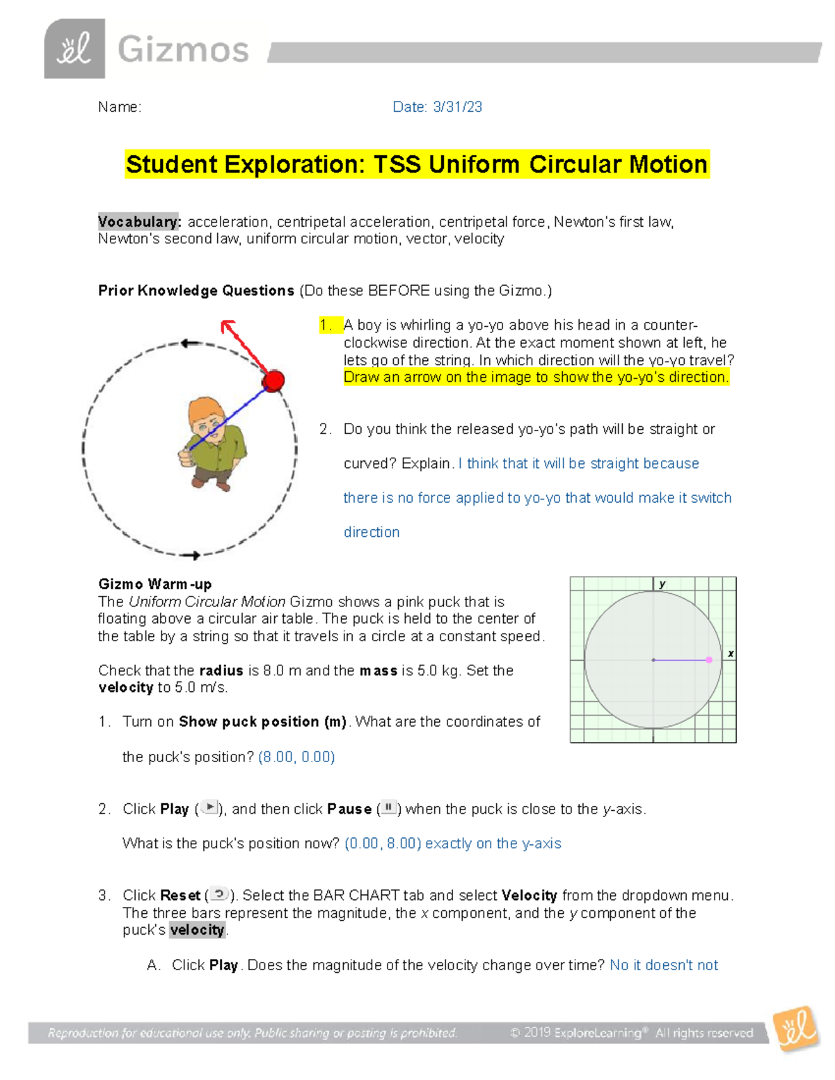 TSS Uniform Circular Motion Name Date 3/31/ Student Exploration