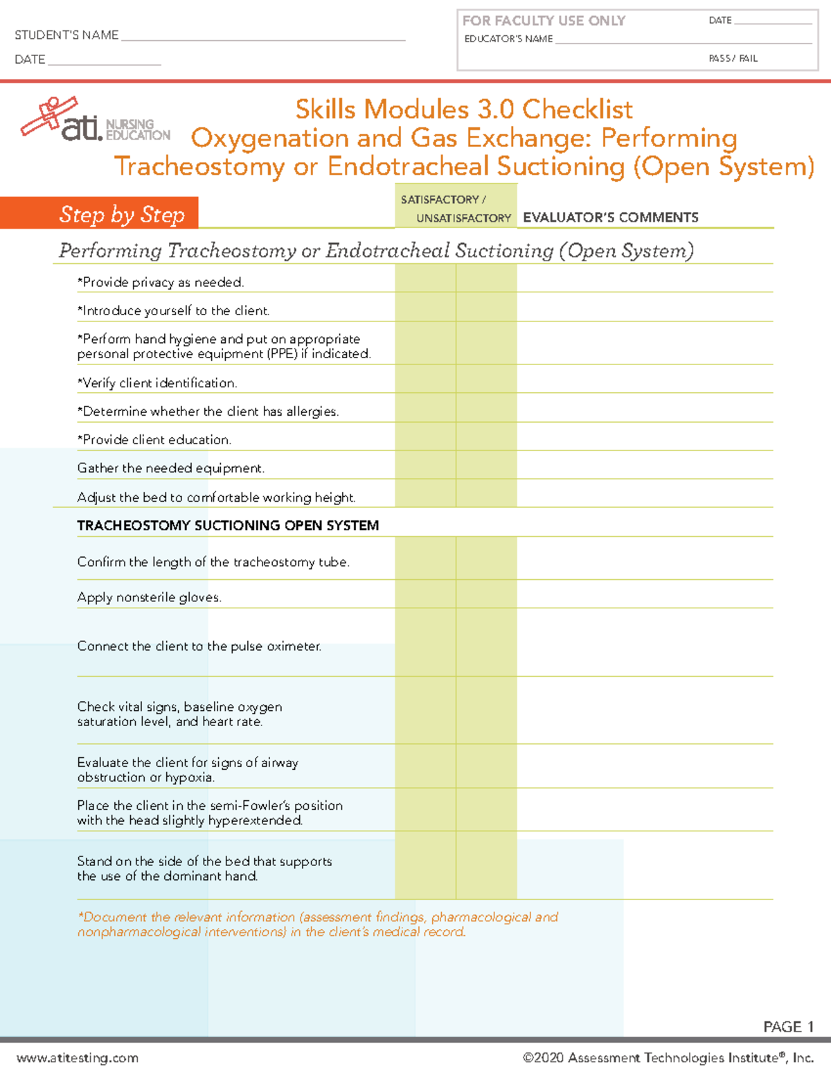 Skills Checklist Airway Trach Endo Suctioning EDUCATOR IMPLEMENTATION
