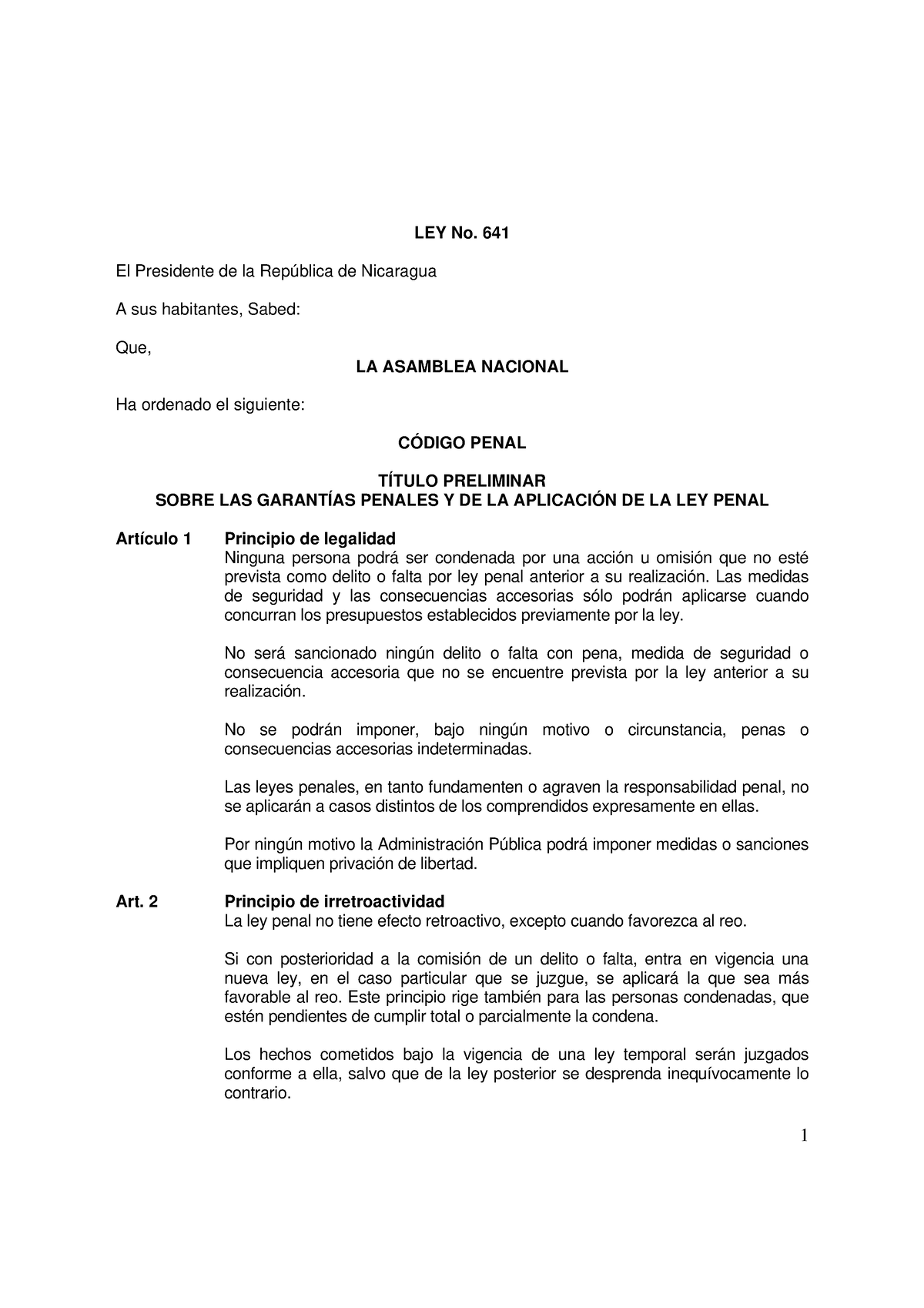 Código Penal Nicaragua Ley 641 - El Presidente De La República De ...