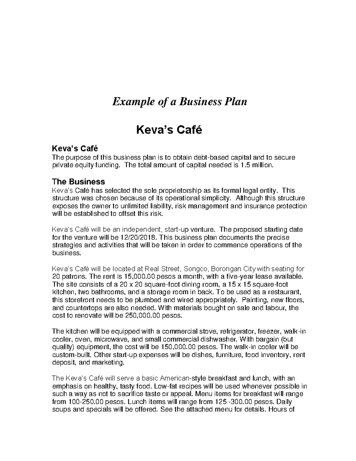 How To Make A Business Plan Example Of A Business Plan Keva s Caf 