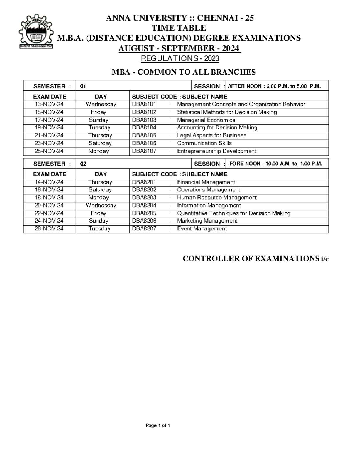 Chemba 23 - Noted - ANNA UNIVERSITY :: CHENNAI - 25 TIME TABLE M.B ...