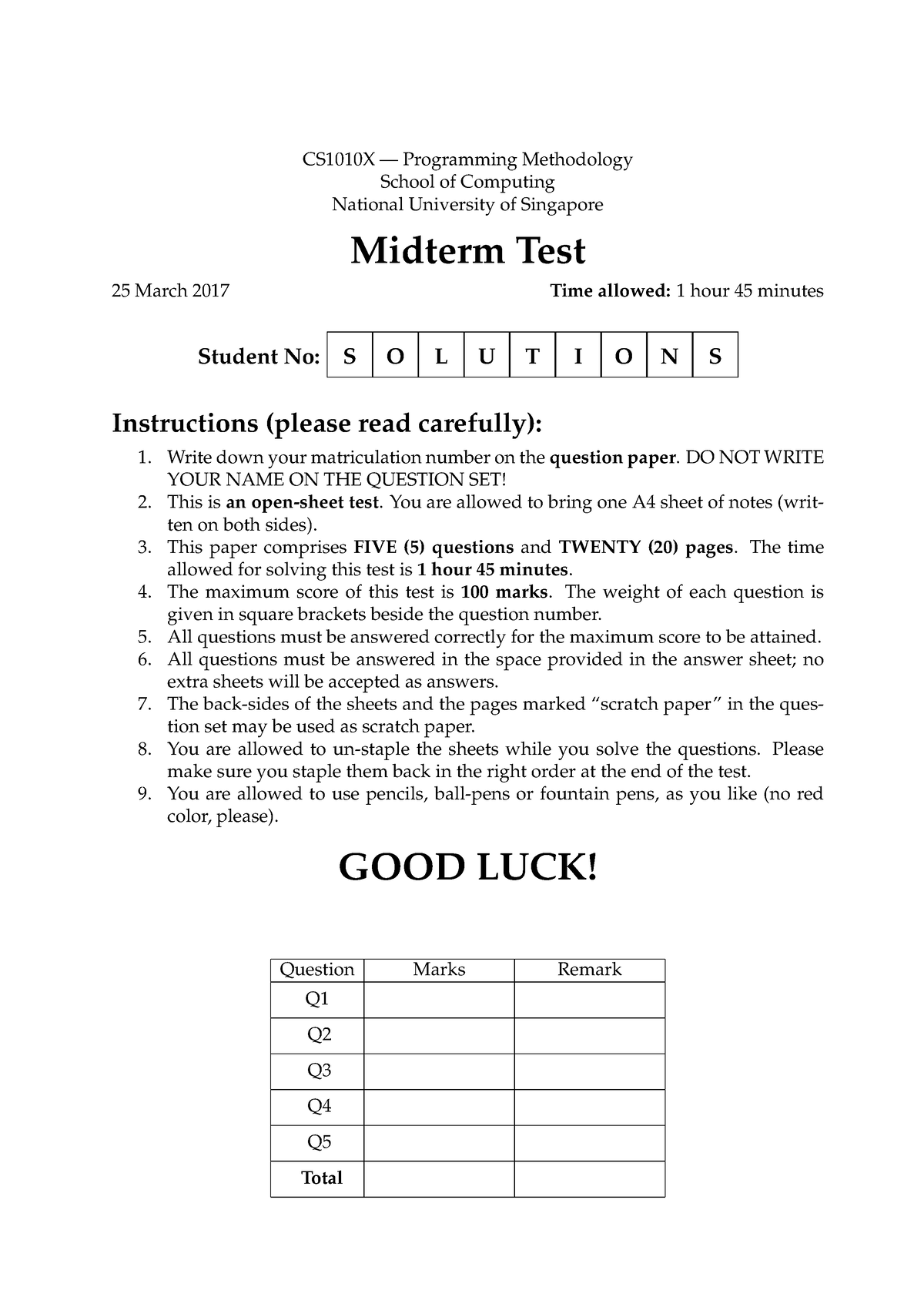 Cs1010x Midterm Solutions Mar17 - CS1010 - NUS - Studocu