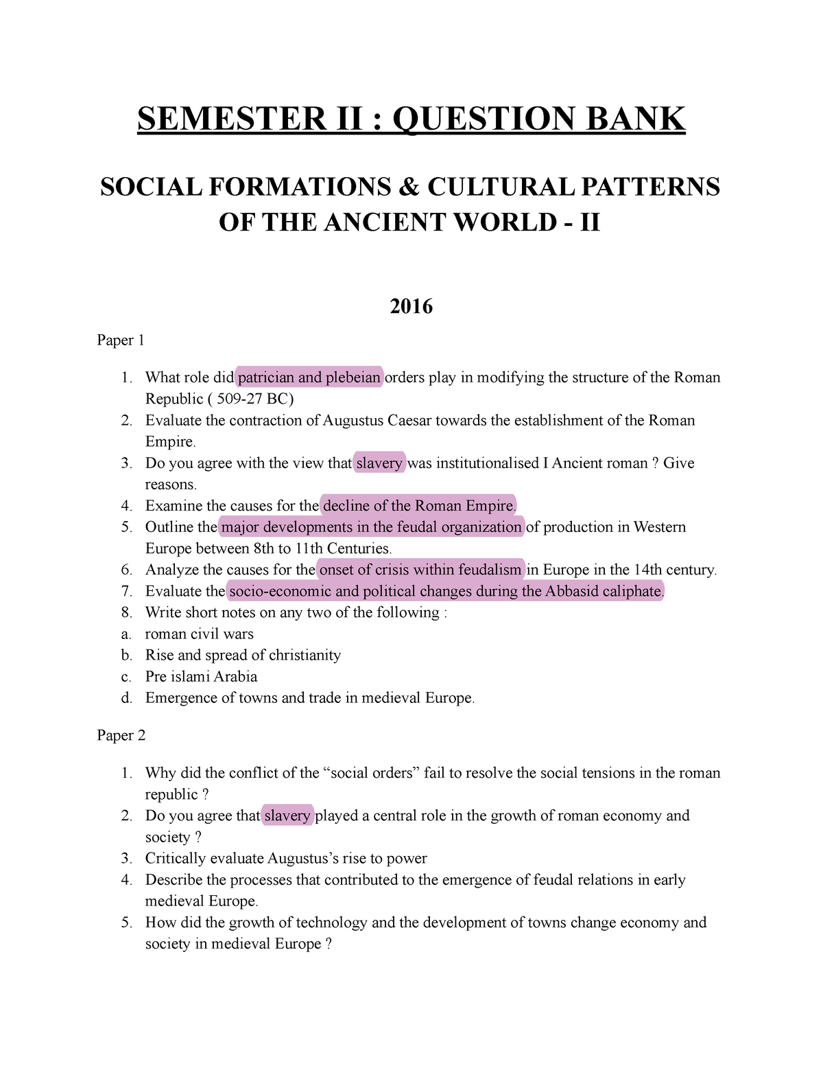 Semester II Question BANK History Hons - SEMESTER II : QUESTION BANK ...