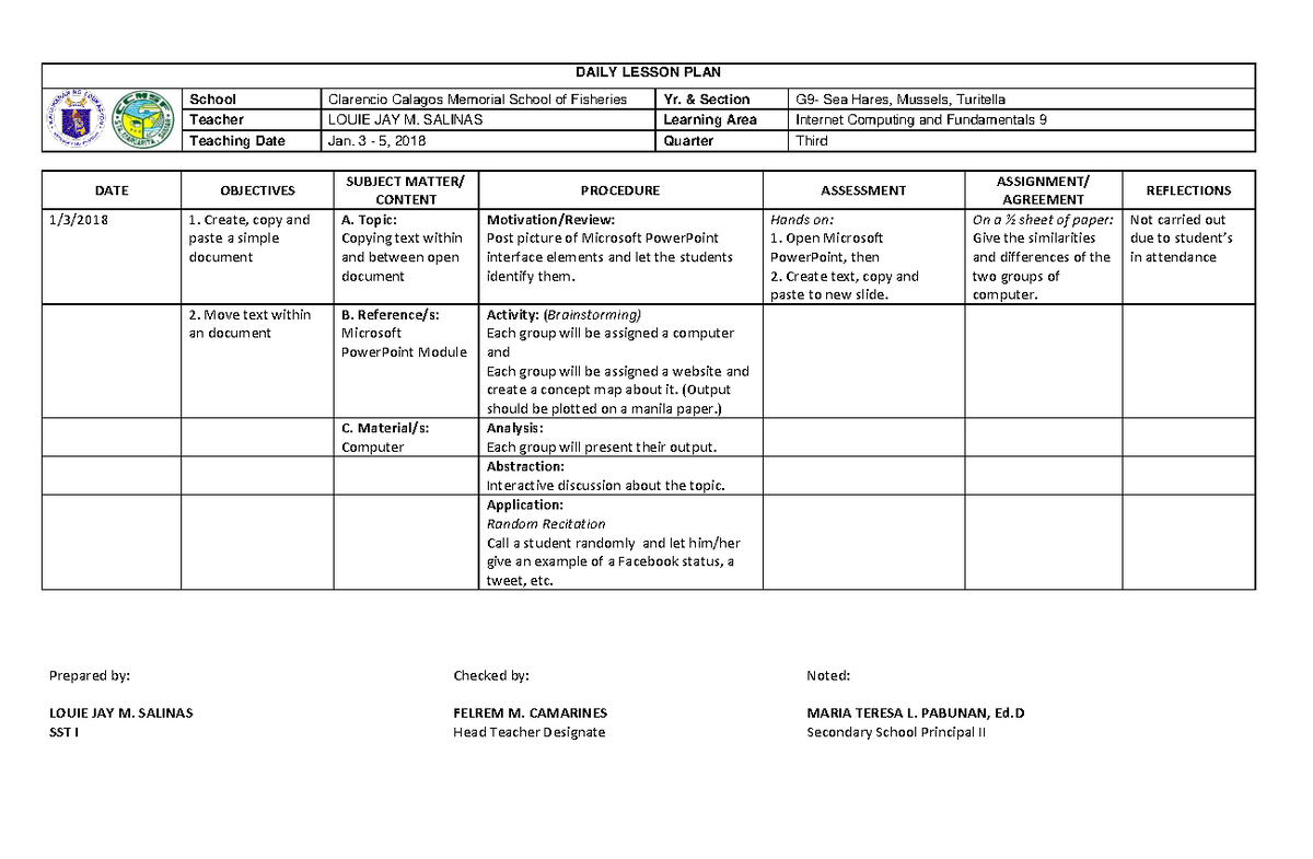 Icf 9 - Internet and computing fundamentals - DAILY LESSON PLAN School ...