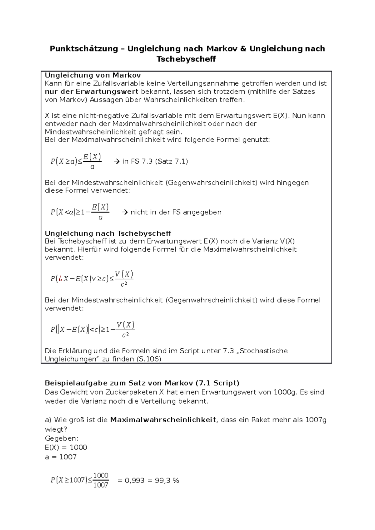 Statistik Ii Punktschatzung Markov Und Tschebyscheff Ungleichung Nach Markov Ungleichung Nach Tschescheff Ungleichung Von Markov Kann Eine Zufallsvariable Studocu