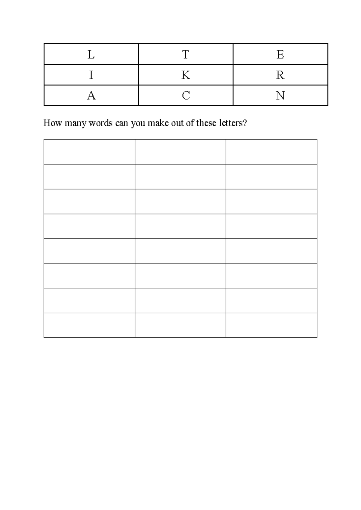 Boggle 1 English literacy activity L T E I K R A C N How many words