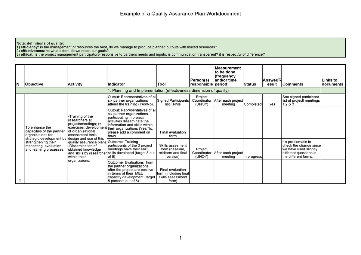 Example Of A Quality Assurance Plan Excel Document N Objective 