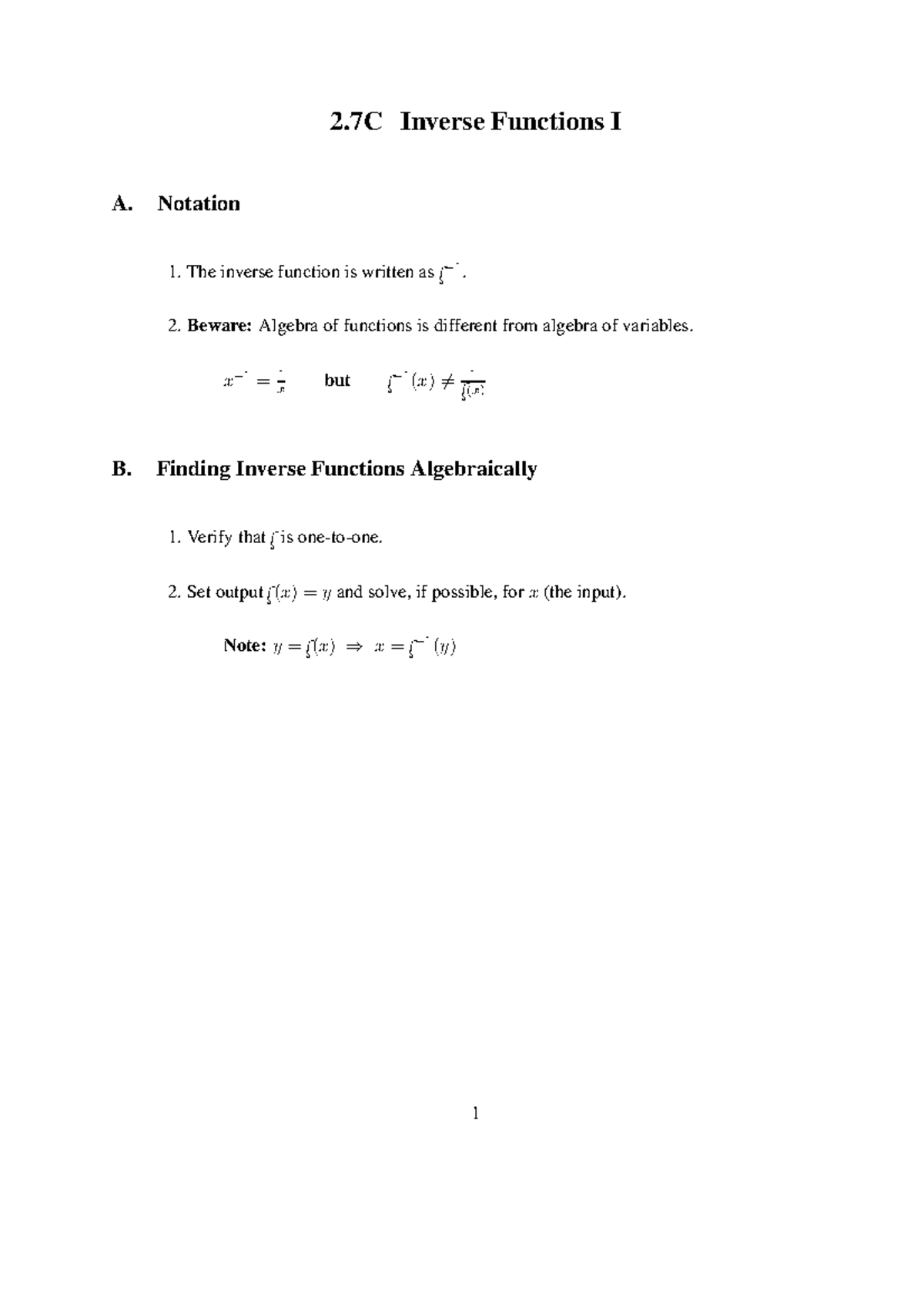 2.7C Inverse Functions I - 2 Inverse Functions I A. Notation The ...
