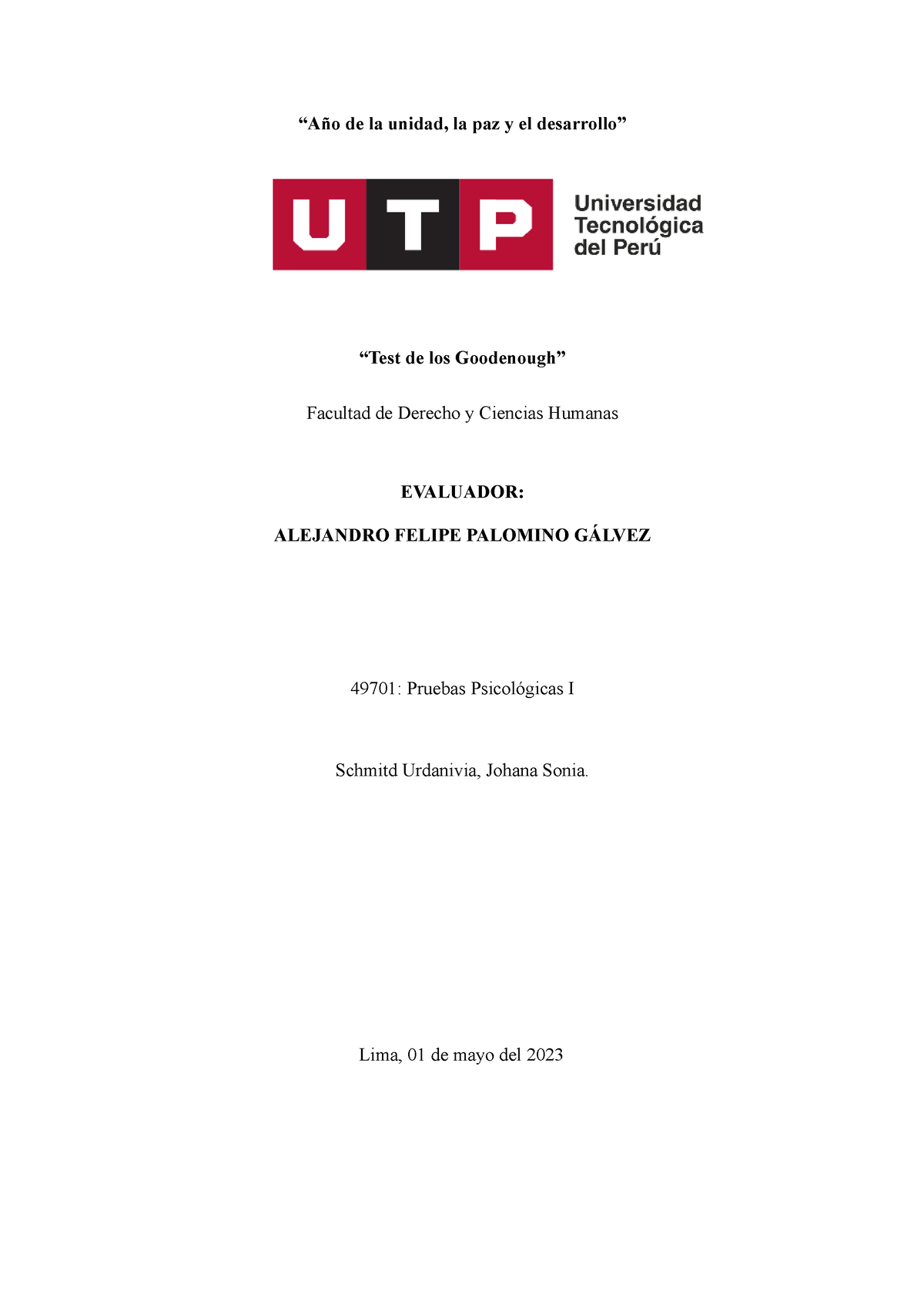 Test De Goodenough Informe Psicológico “año De La Unidad La Paz Y El Desarrollo” “test De 0257