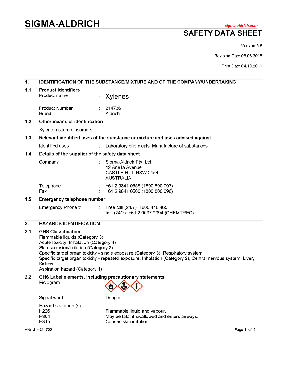 SDS xylenes - enjoy - SIGMA-ALDRICH sigma-aldrich SAFETY DATA SHEET