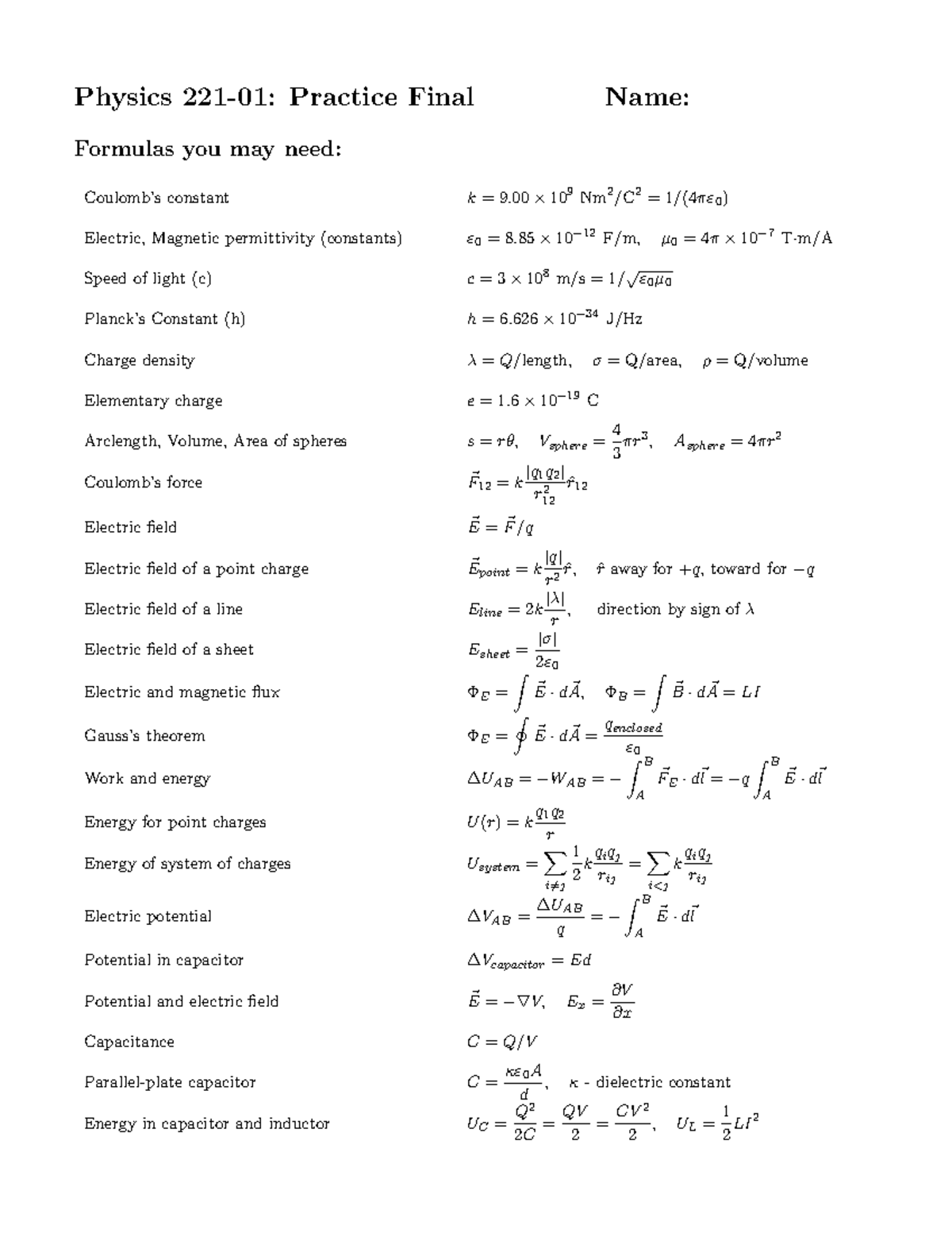 Practice Final 2 Spr 2023-1 - Physics 221-01: Practice Final Name ...