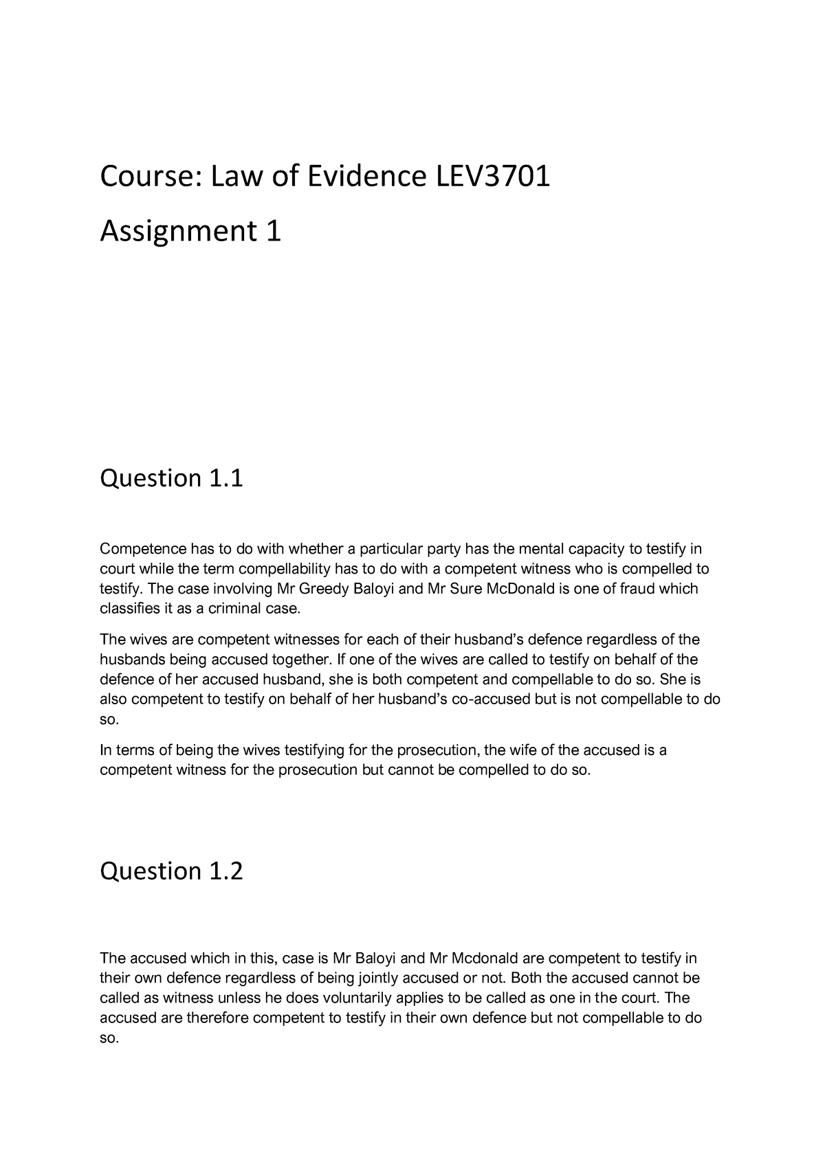 law of evidence assignment 1 2022