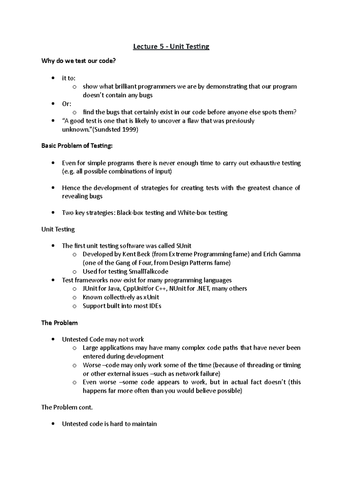 Lecture 5 unit testing - Lecture 5 - Unit Testing Why do we test our ...