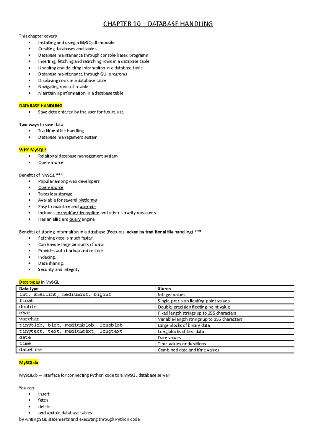 Chapter 12 - Database Handling - CHAPTER 10 – DATABASE HANDLING This ...