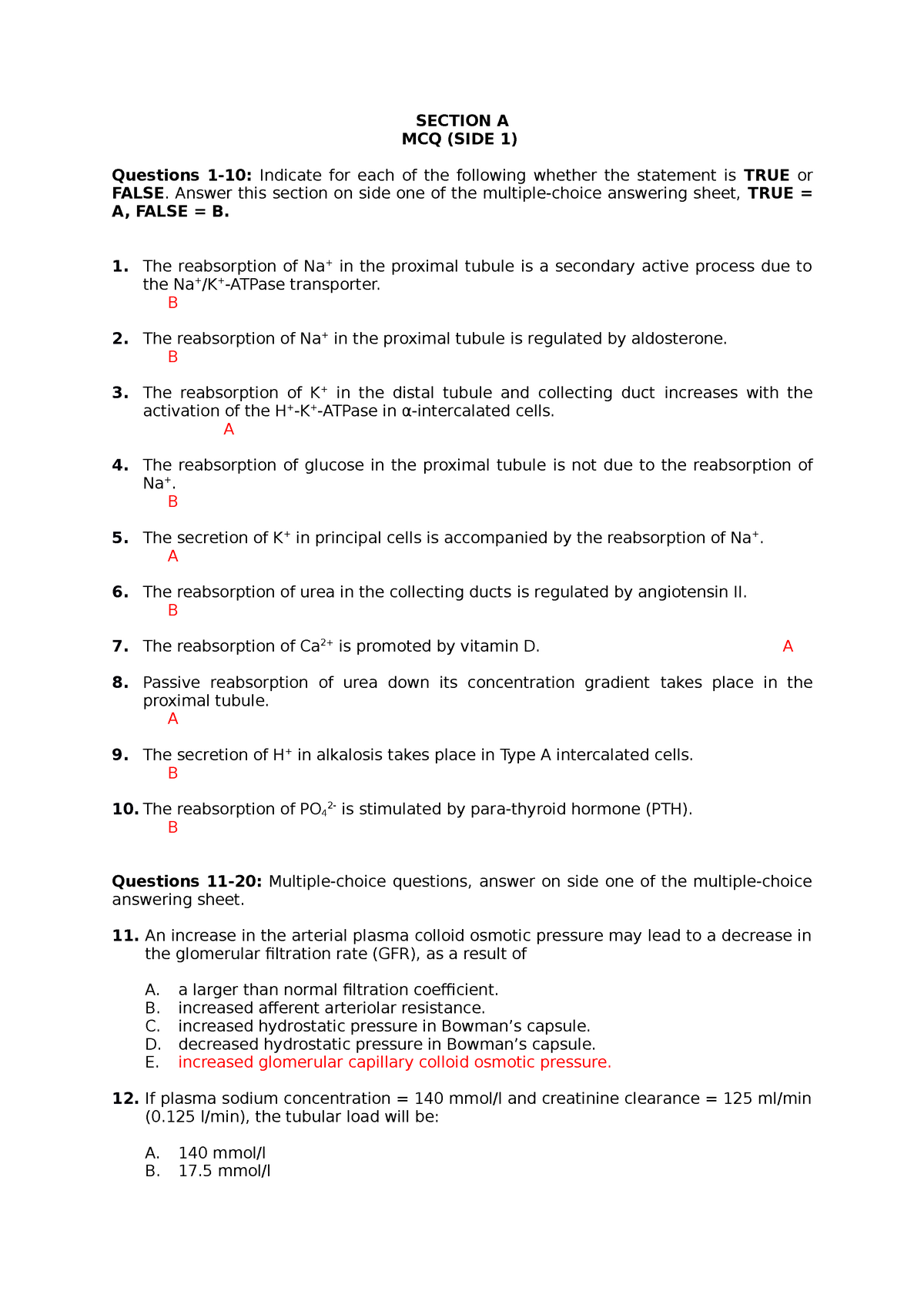 essay questions on renal physiology