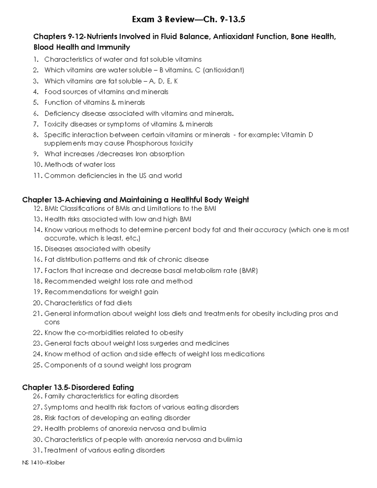 Exam 3 Review (Ch.9-13.5) Fall 2018 - NS 1410-Kloiber Exam 3 Review—Ch ...