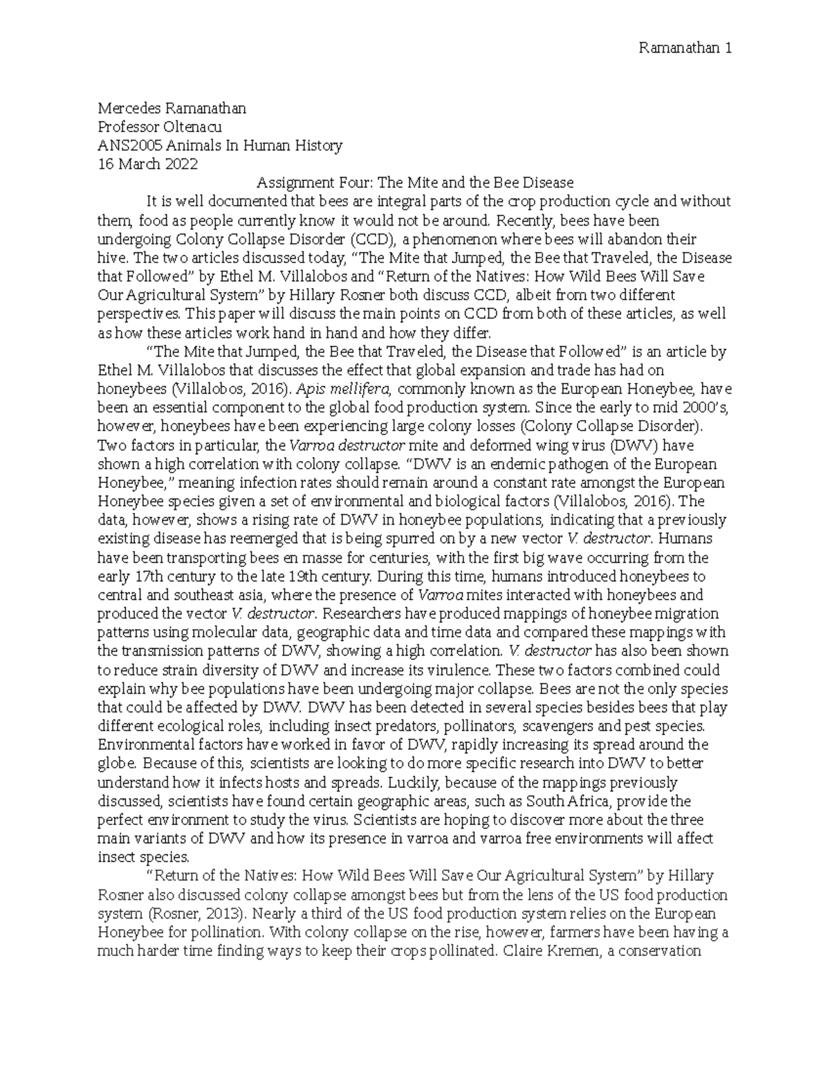Assignment 4 The Mite and the Bee Disease - Ramanathan 1 Mercedes ...