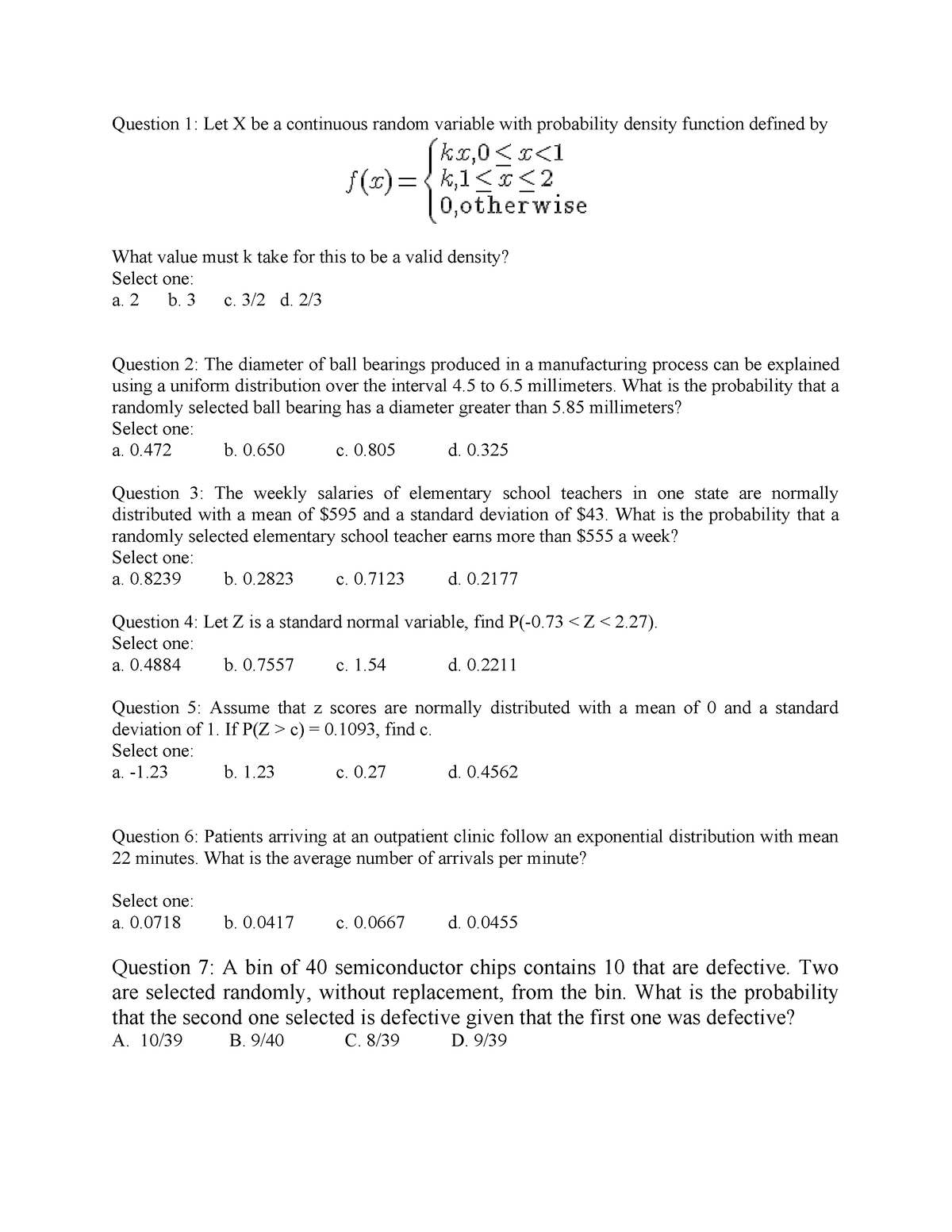 Test 2 MAS291 - Question 1: Let X Be A Continuous Random Variable With ...