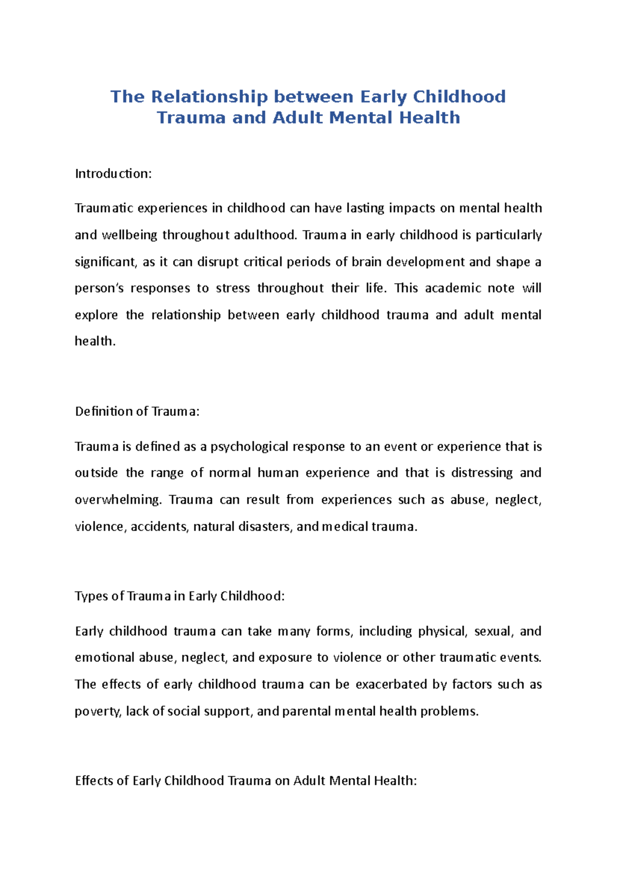 The Relationship Between Early Childhood Trauma And Adult Mental Health ...