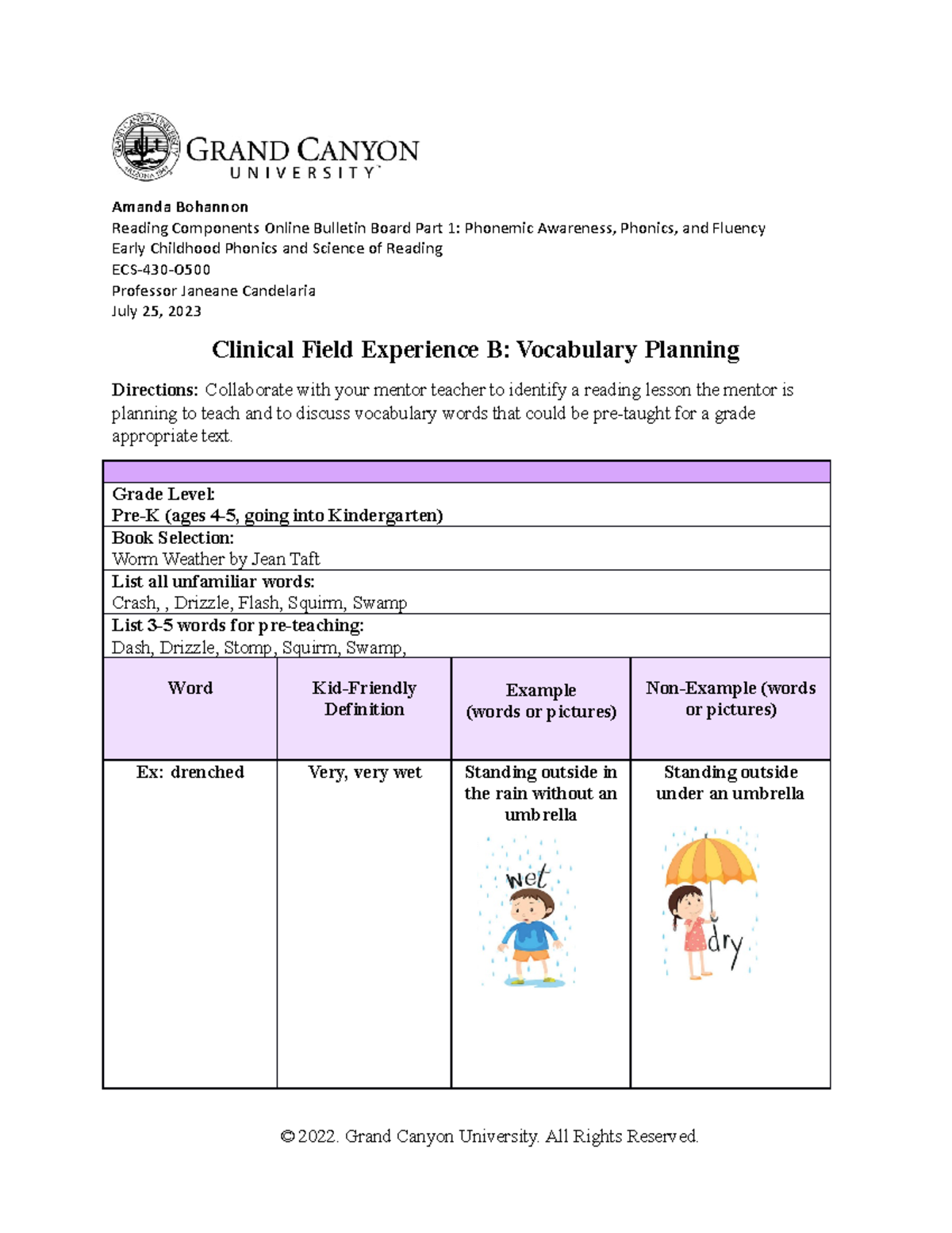 Clinical Field Experience B Vocabulary Planning - Amanda Bohannon ...