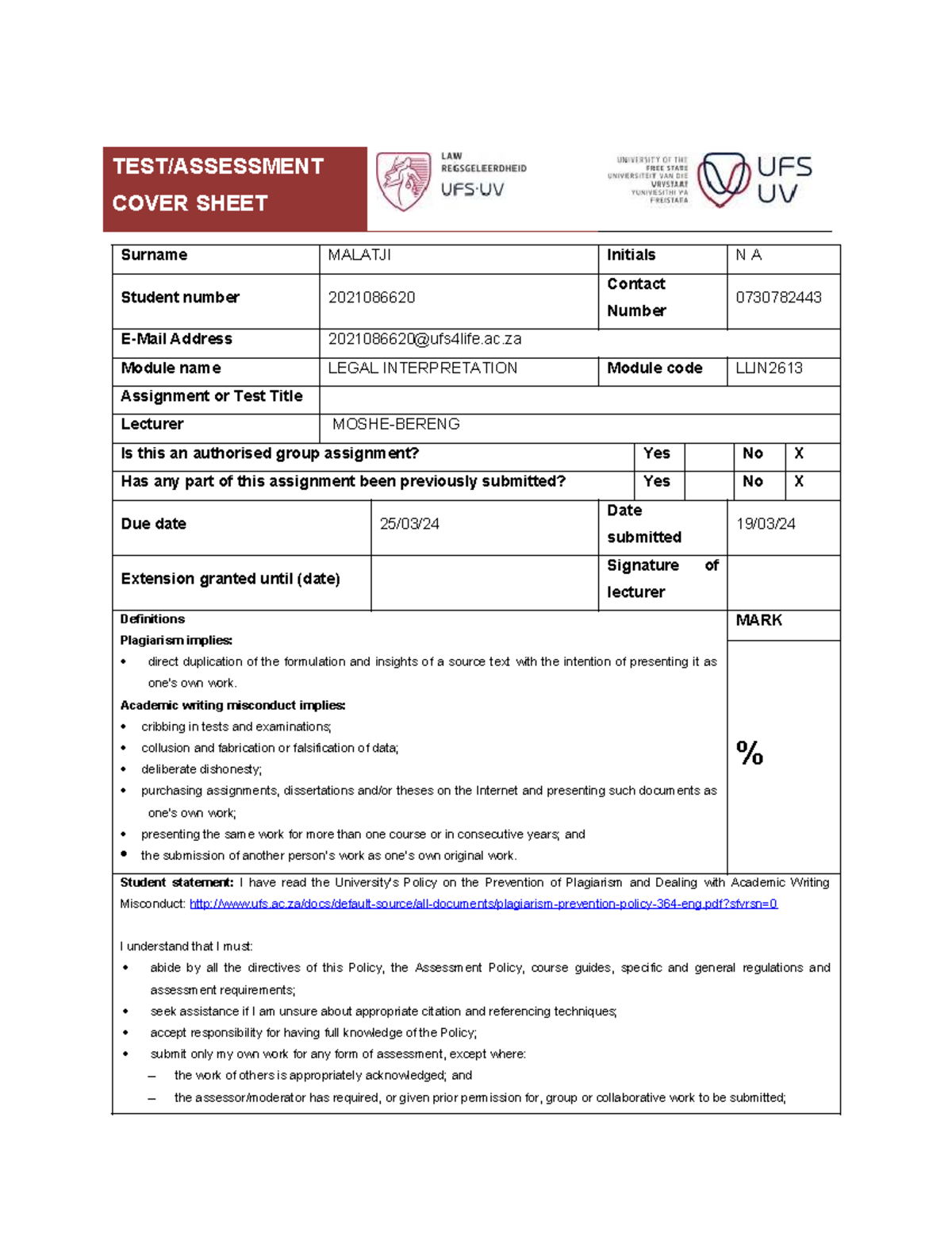 LLIN Topic 2 Assignment - TEST/ASSESSMENT COVER SHEET Surname MALATJI ...