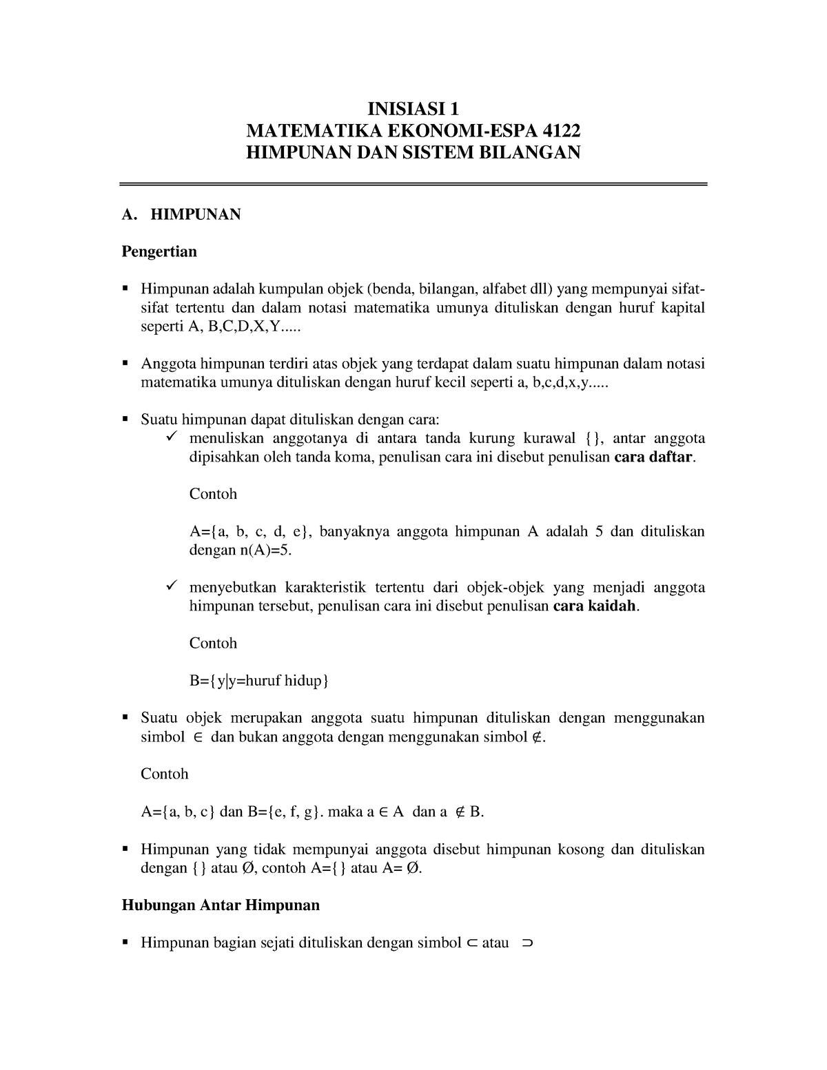 Inisiasi 1 - INISIASI 1 MATEMATIKA EKONOMI-ESPA 4122 HIMPUNAN DAN ...