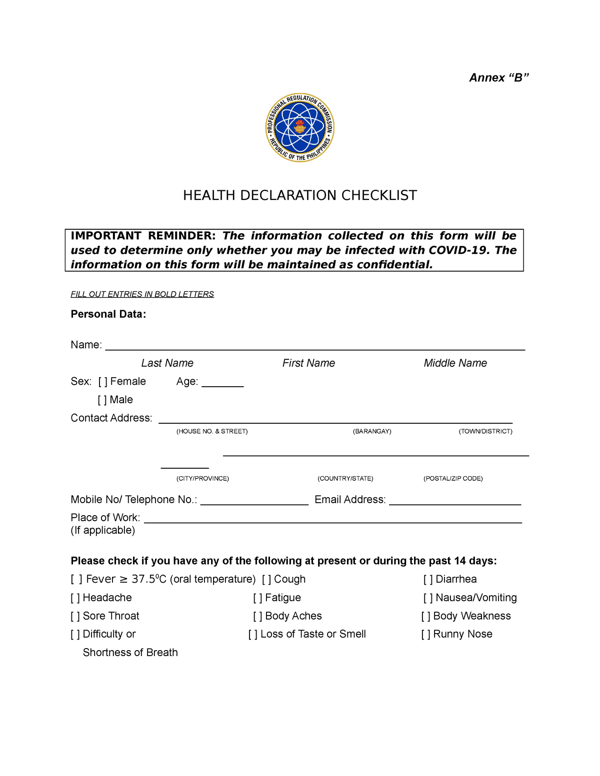 2020-68 Annex B - Health Declaration Form110320 (2) - Annex “B” HEALTH ...