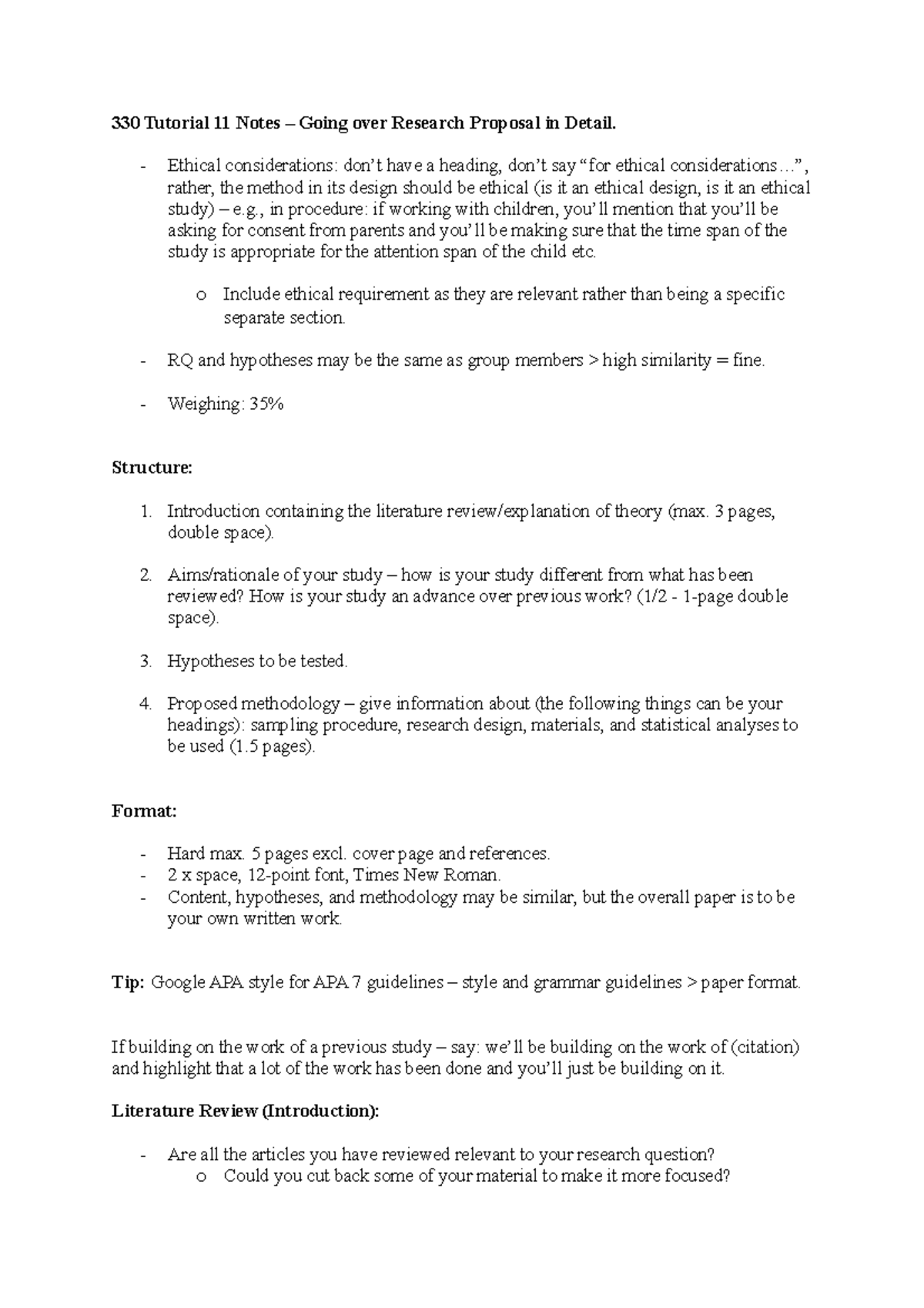 330 Week 12 Tutorial - Information on Research Proposal. - 330 Tutorial ...