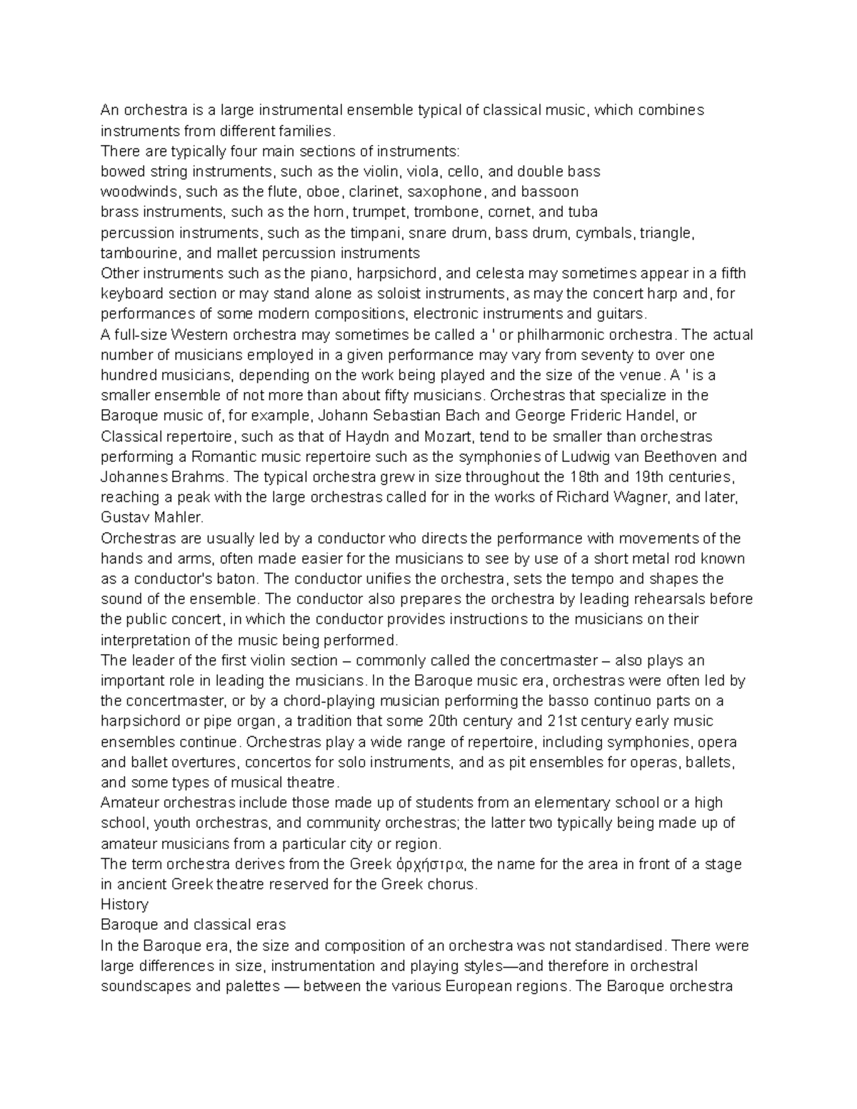 Orchestra essay An orchestra is a large instrumental ensemble