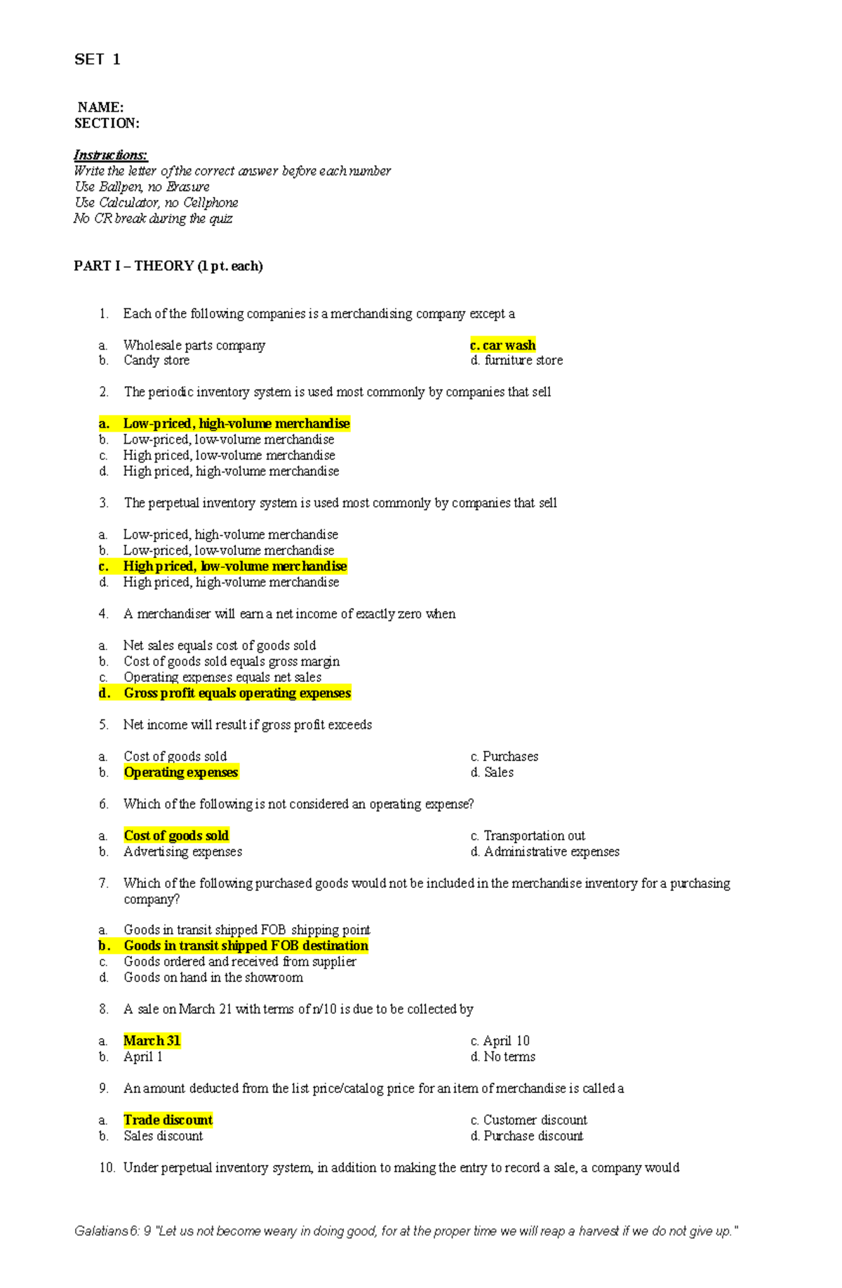 FAR-SET1 - accounting sample questions - NAME: SECTION: Instructions ...