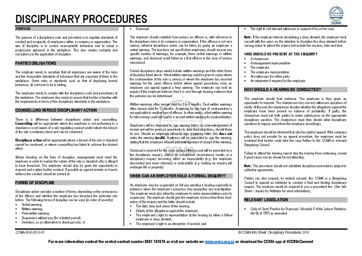 Disciplinary Procedures Info Sheet 2018 01 DISCIPLINARY PROCEDURES 