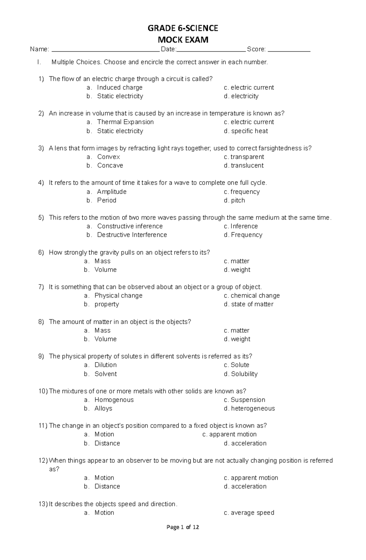 science-grade-6-mock-exam-grade-6-science-mock-exam-name-date-score-i-multiple-choices