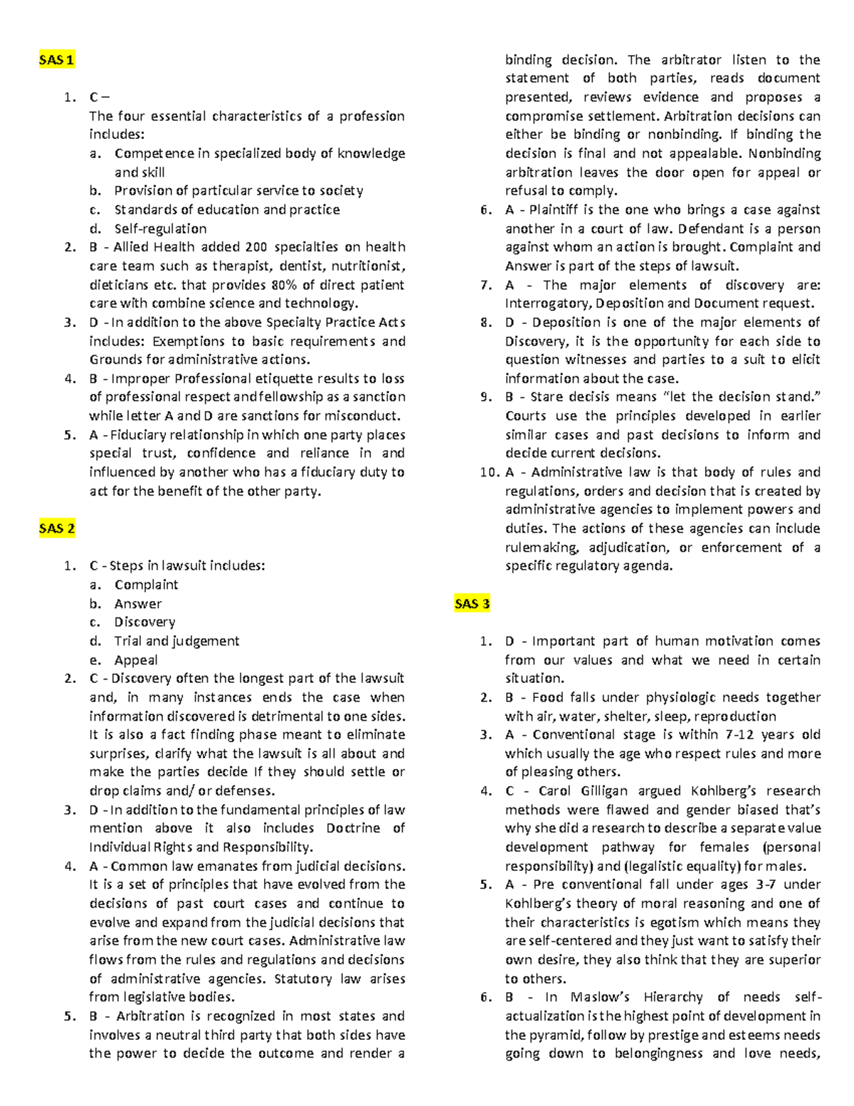 Answer keys for SAS 1 to 5 - SAS 1 1. C – The four essential ...