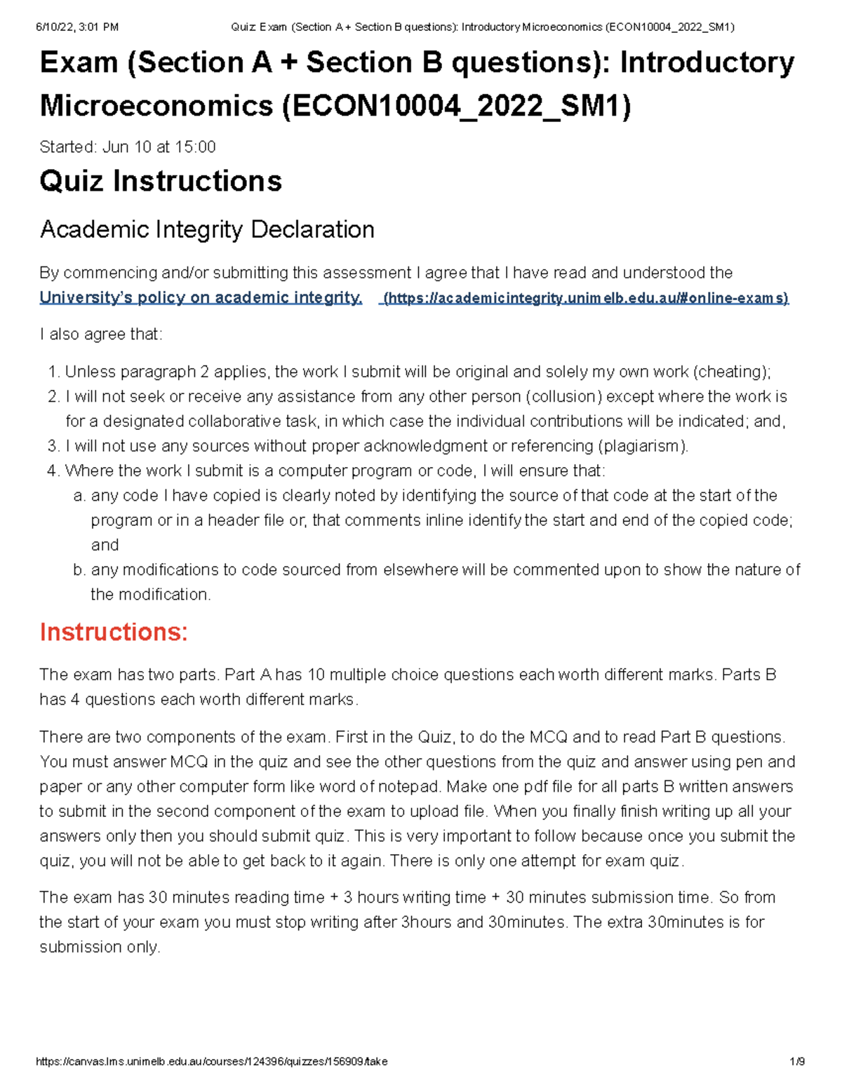 Quiz Exam (Section A + Section B Questions) Introductory Microeconomics ...