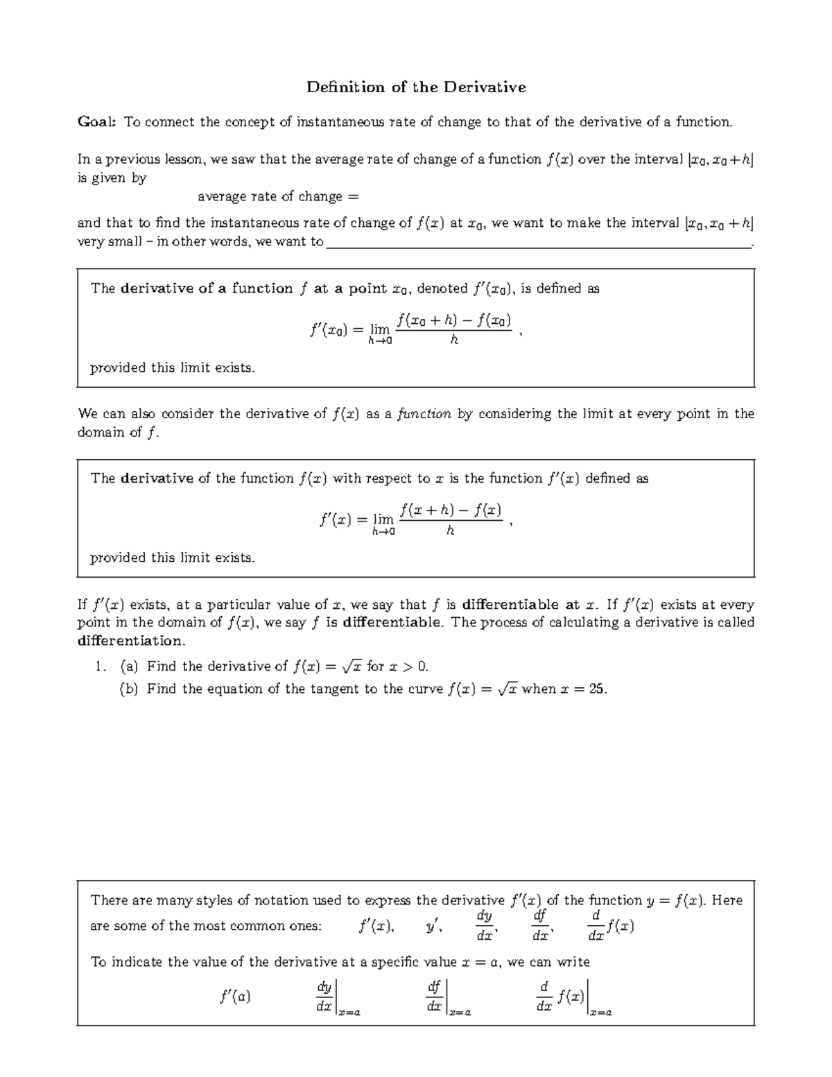 3.1, 3.2 - Definition of the derivative - Definition of the Derivative ...