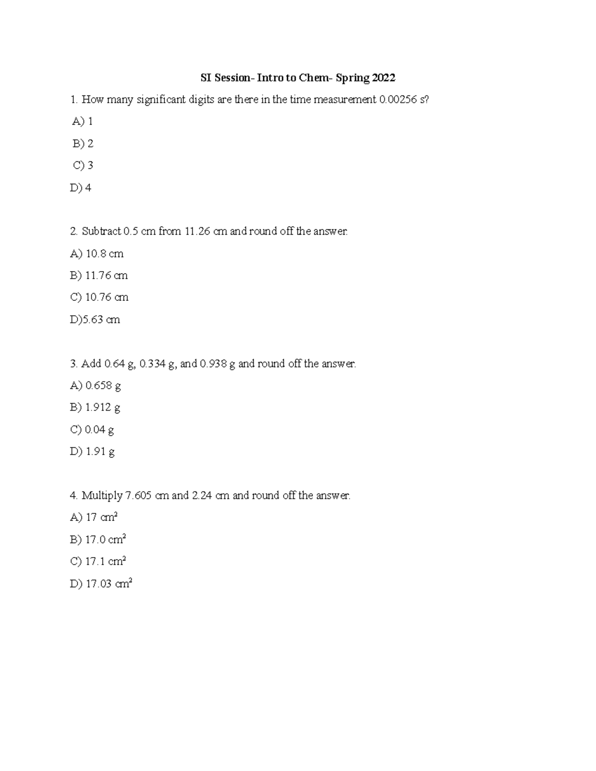 Intro to Chem Mock Exam #1 + Answer Key - SI Session- Intro to Chem ...