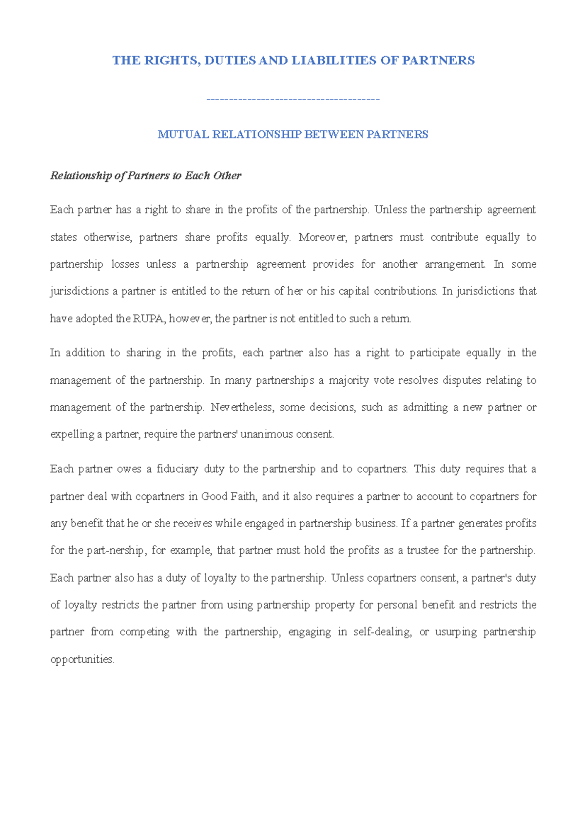 Business law partner - THE RIGHTS, DUTIES AND LIABILITIES OF PARTNERS ...