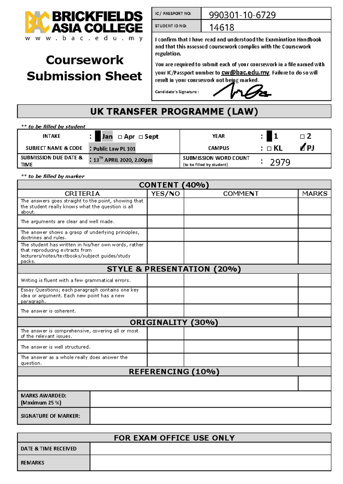 Public Law-edited(cover) - Coursework Submission Sheet IC / PASSPORT NO ...
