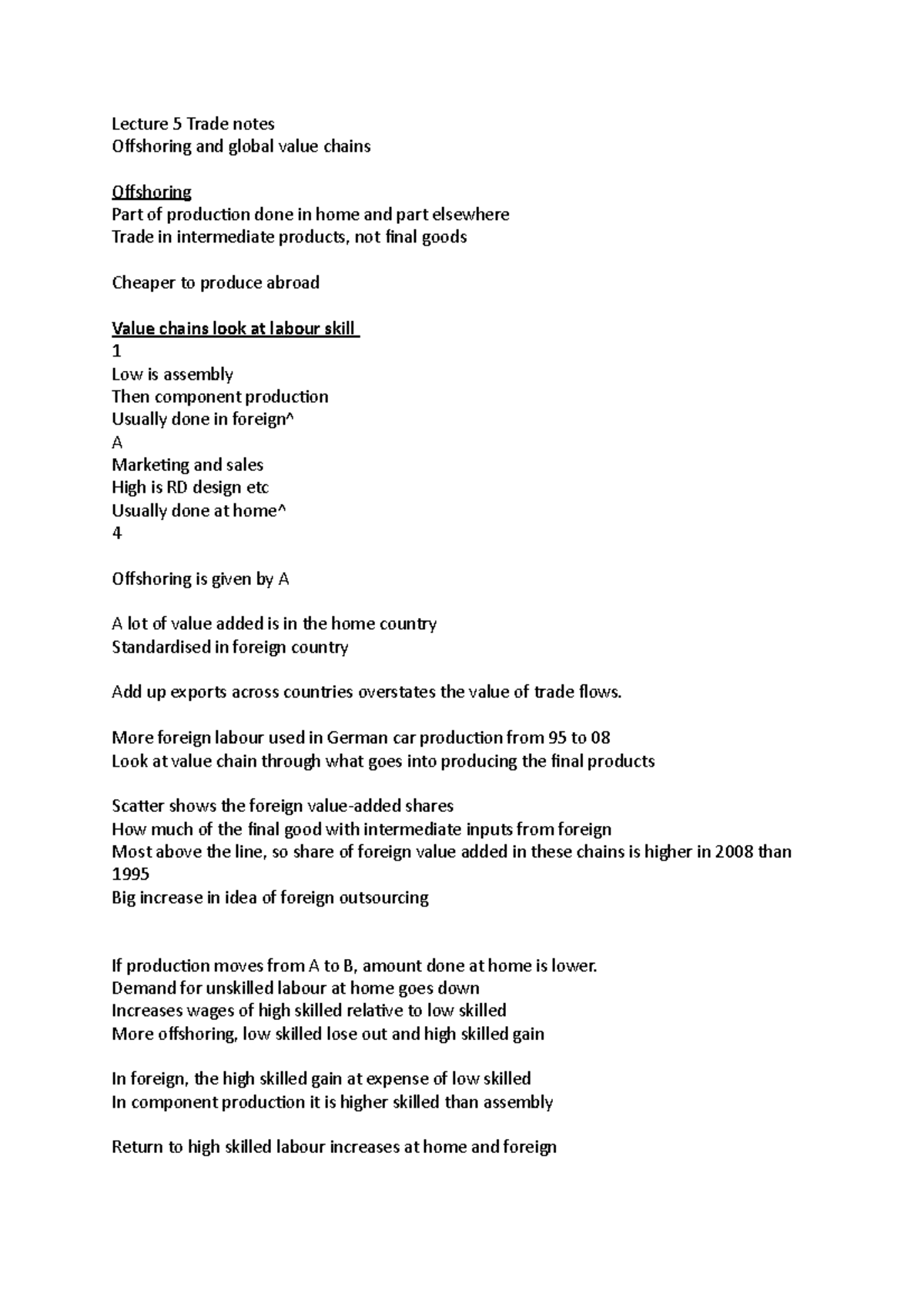 Lecture 5 Trade notes - Lecture 5 Trade notes Offshoring and global ...